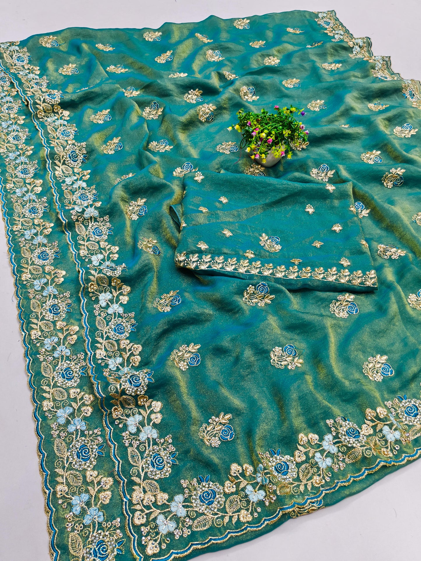 BS-RAJWADI NC GEORGETTE SAREE WITH BEAUTIFUL JARKAN WORK WITH THREAD WORK MOTI WORK HEAVY BLOUSE