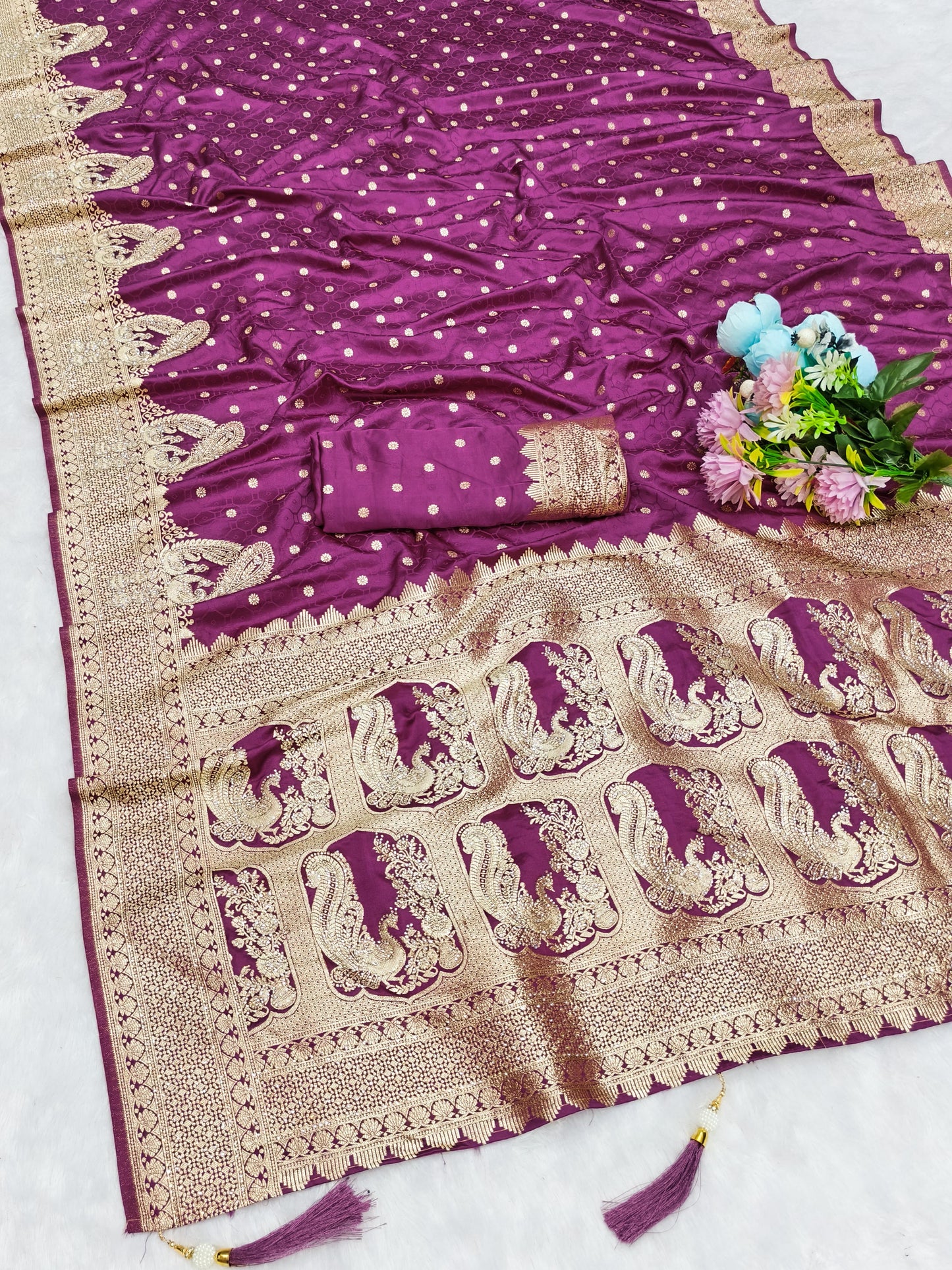 BS-ROOP REKHA SATIN SILK SAREE WITH BEAUTIFUL JARKAN WORK ALL OVER WITH RICH PALLU PEACOCK DESIGN