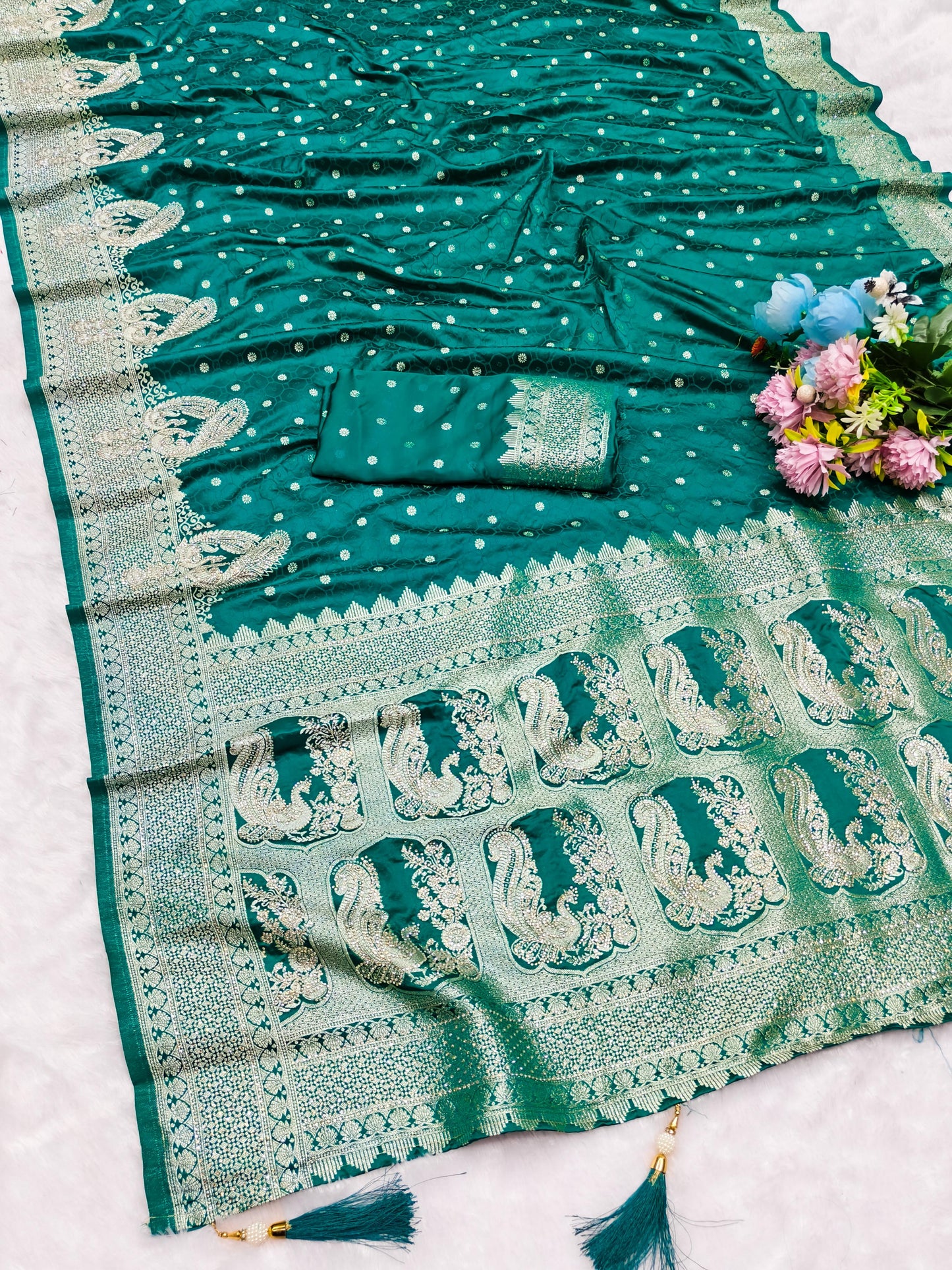 BS-ROOP REKHA SATIN SILK SAREE WITH BEAUTIFUL JARKAN WORK ALL OVER WITH RICH PALLU PEACOCK DESIGN