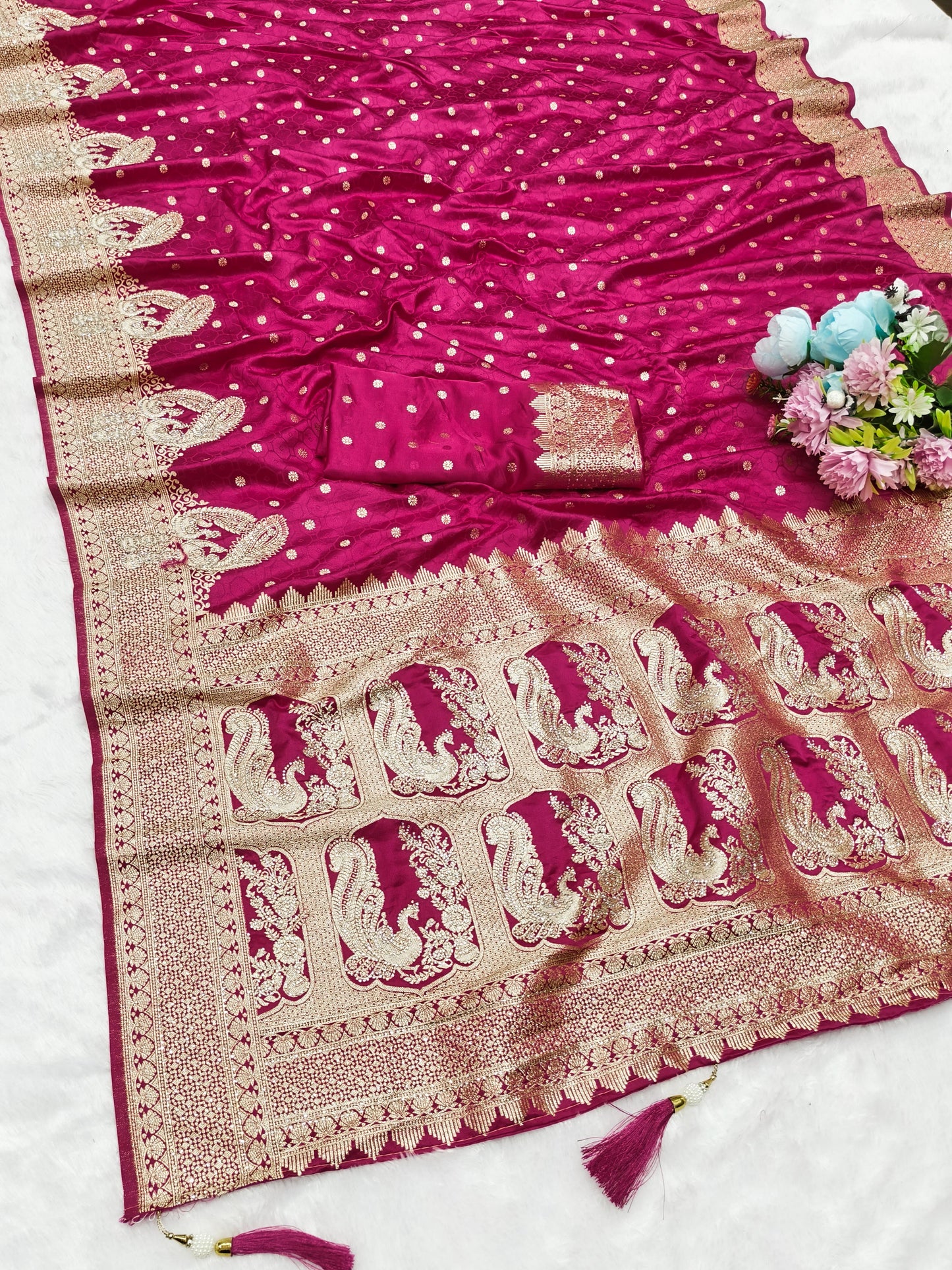 BS-ROOP REKHA SATIN SILK SAREE WITH BEAUTIFUL JARKAN WORK ALL OVER WITH RICH PALLU PEACOCK DESIGN