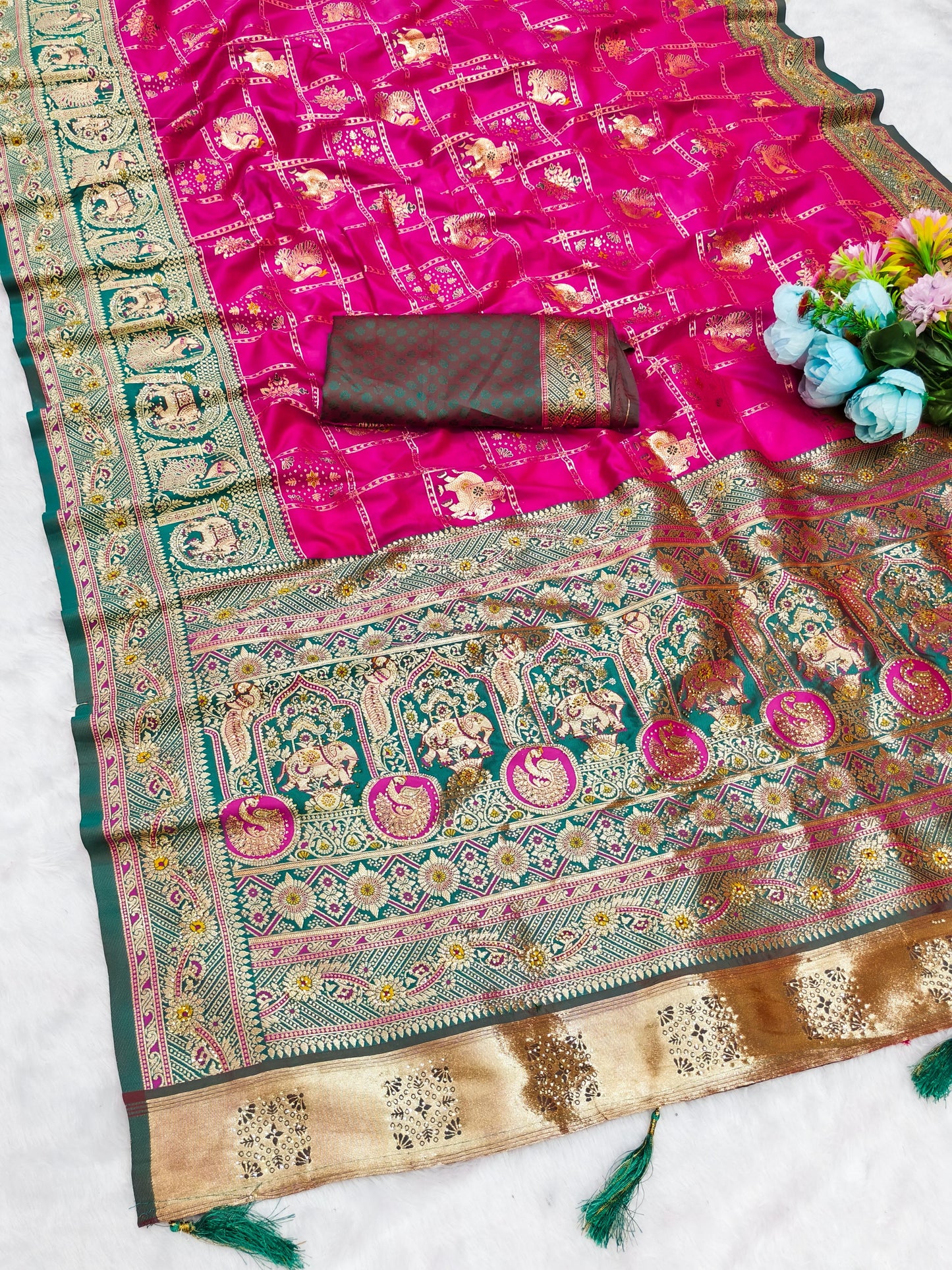 BS-GHAT CHOLA EUROPIAN DOLA SILK GHATCHOLA WITH JARKAN WORK WITH LAGNI PATTA WITH HEAVY MEENA WORK