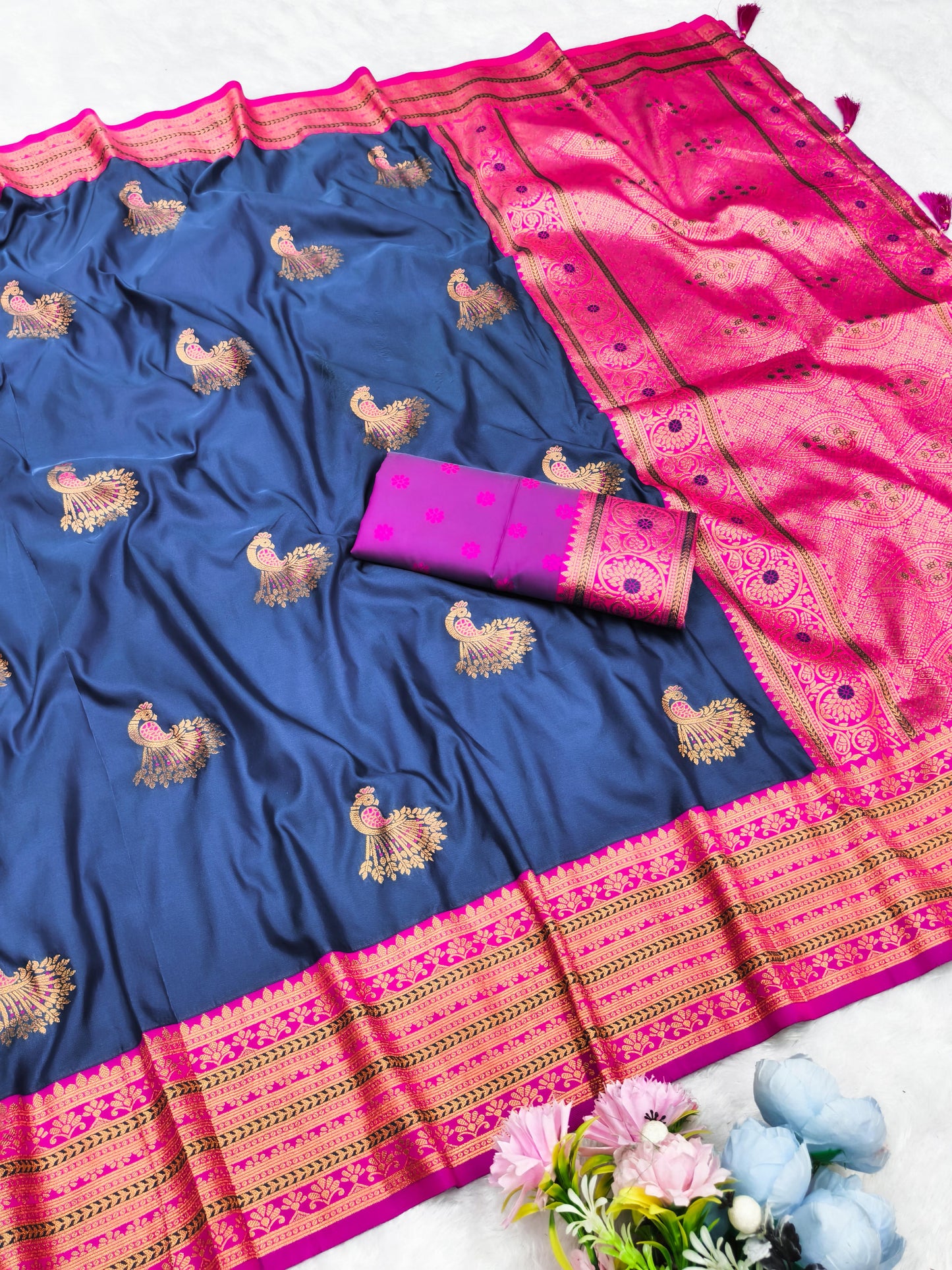 AJ-GOLDEN-MORNI SOFT SILK SAREE WITH SATIN PATTA WITH RICH CONTRAST PALLU WITH PEACOCK DESIGN VIRAL DESIGN