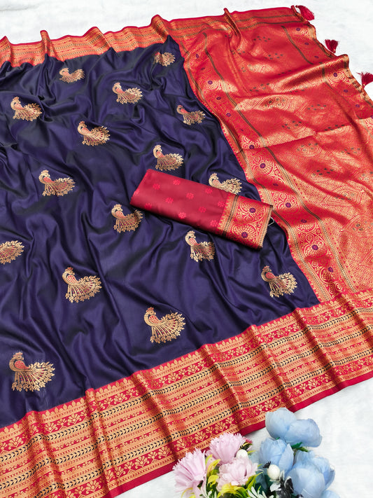 AJ-GOLDEN-MORNI SOFT SILK SAREE WITH SATIN PATTA WITH RICH CONTRAST PALLU WITH PEACOCK DESIGN VIRAL DESIGN