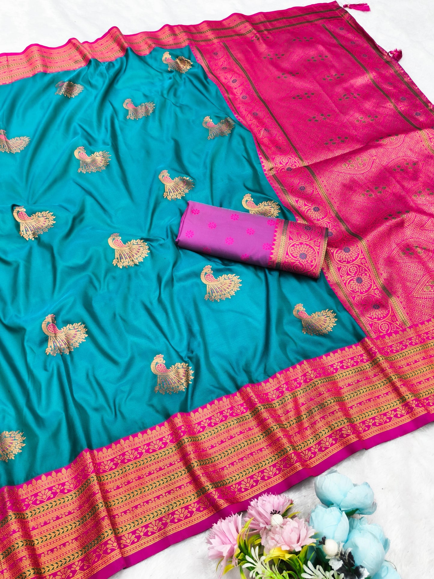 AJ-GOLDEN-MORNI SOFT SILK SAREE WITH SATIN PATTA WITH RICH CONTRAST PALLU WITH PEACOCK DESIGN VIRAL DESIGN