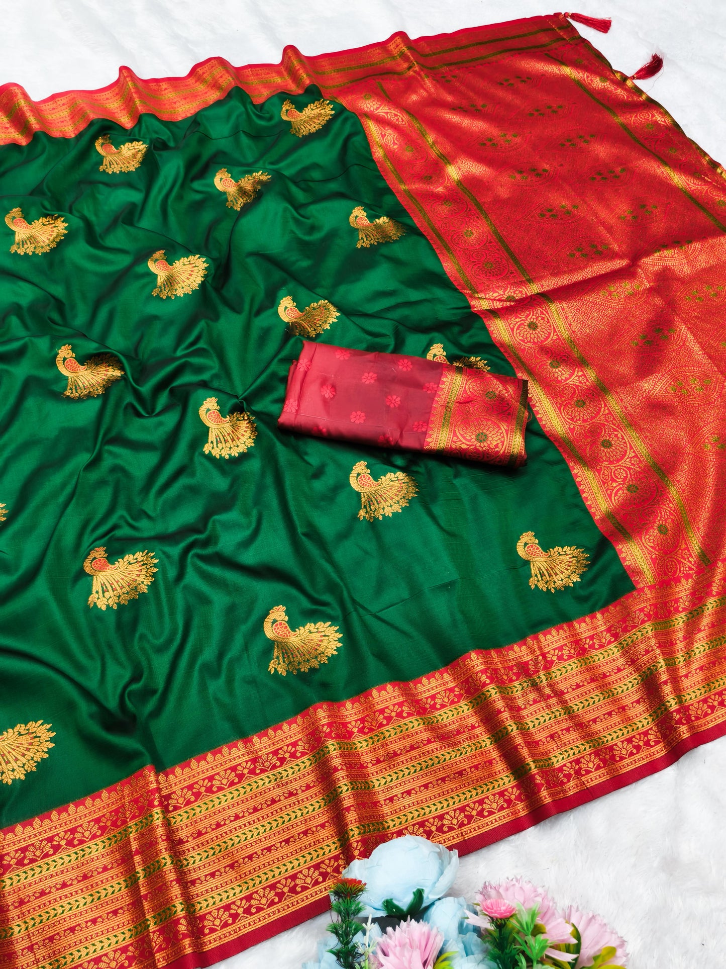 AJ-GOLDEN-MORNI SOFT SILK SAREE WITH SATIN PATTA WITH RICH CONTRAST PALLU WITH PEACOCK DESIGN VIRAL DESIGN