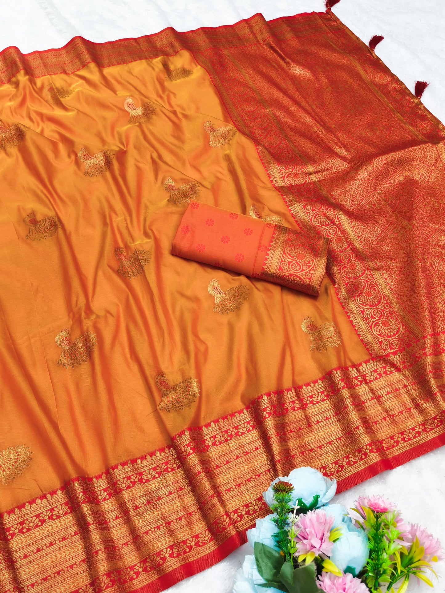 AJ-GOLDEN-MORNI SOFT SILK SAREE WITH SATIN PATTA WITH RICH CONTRAST PALLU WITH PEACOCK DESIGN VIRAL DESIGN