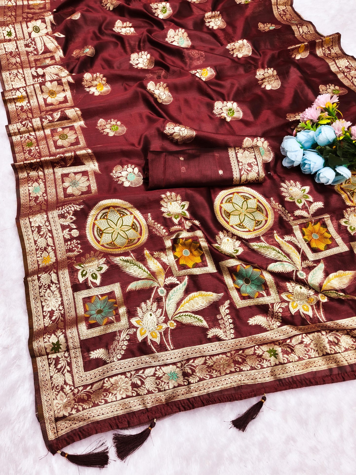 OG-SALVIA ORGANZA SILK SAREE WITH BEAUTIFUL PALLU WITH MEENAKARI WORK WITH TASSELS