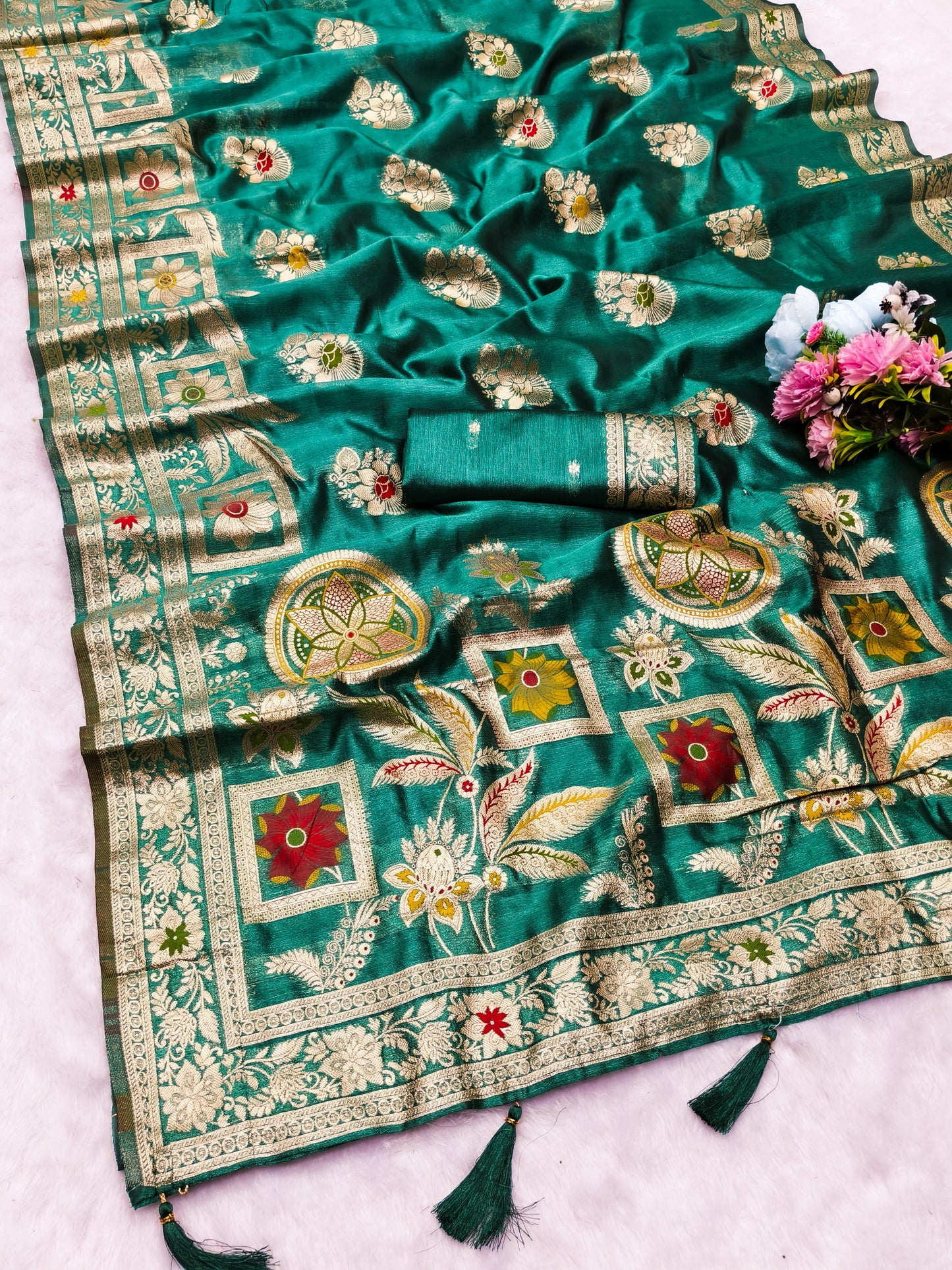 OG-SALVIA ORGANZA SILK SAREE WITH BEAUTIFUL PALLU WITH MEENAKARI WORK WITH TASSELS