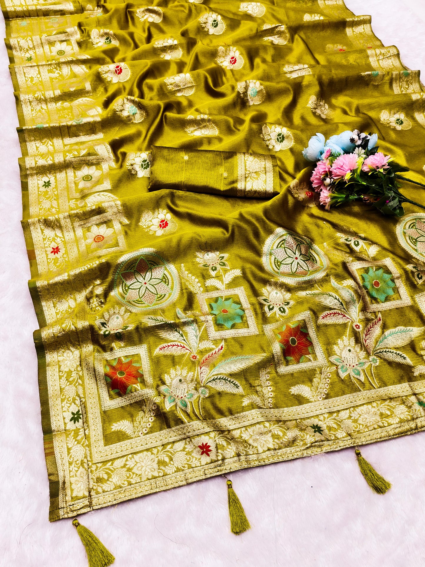OG-SALVIA ORGANZA SILK SAREE WITH BEAUTIFUL PALLU WITH MEENAKARI WORK WITH TASSELS