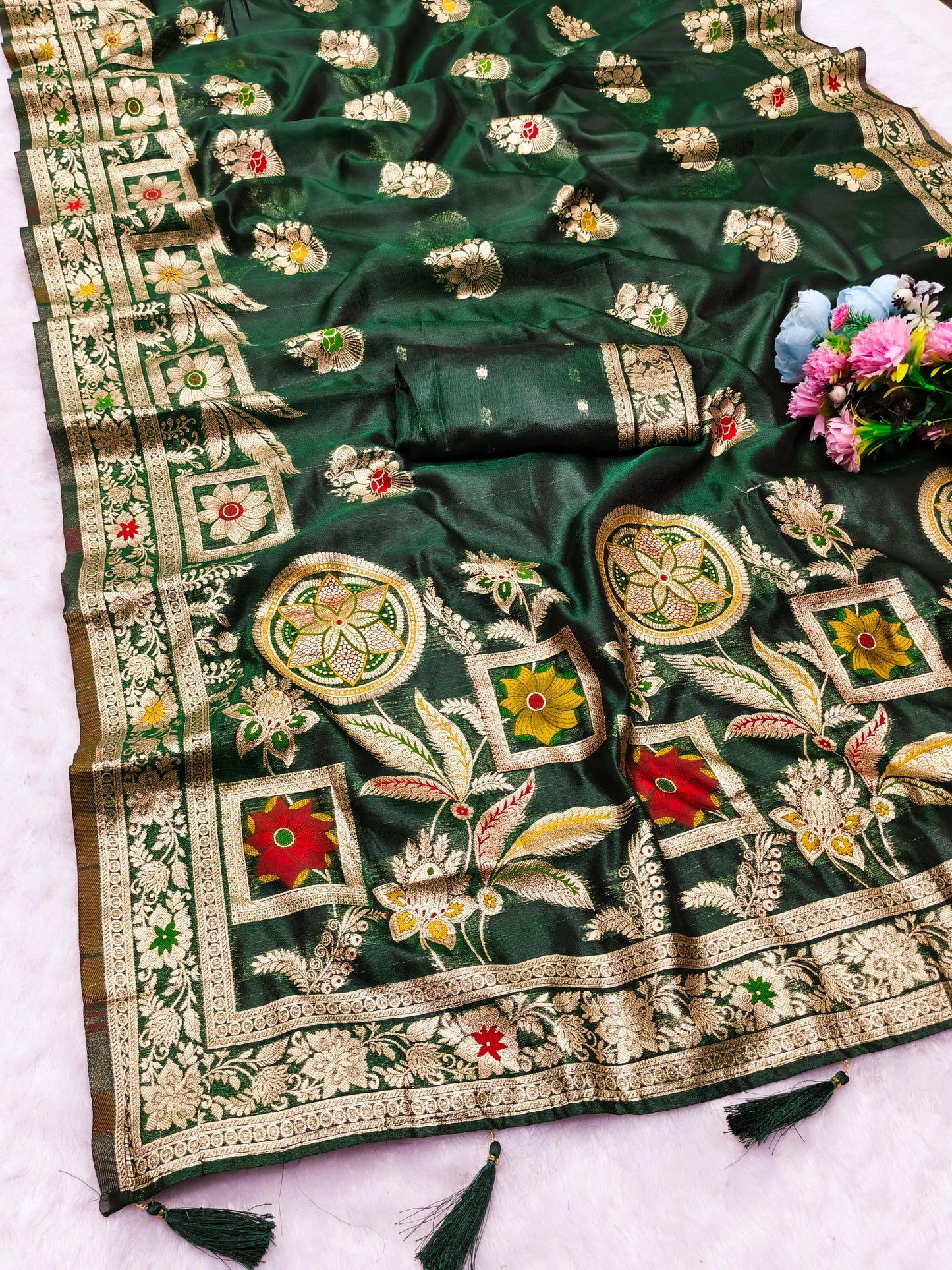 OG-SALVIA ORGANZA SILK SAREE WITH BEAUTIFUL PALLU WITH MEENAKARI WORK WITH TASSELS