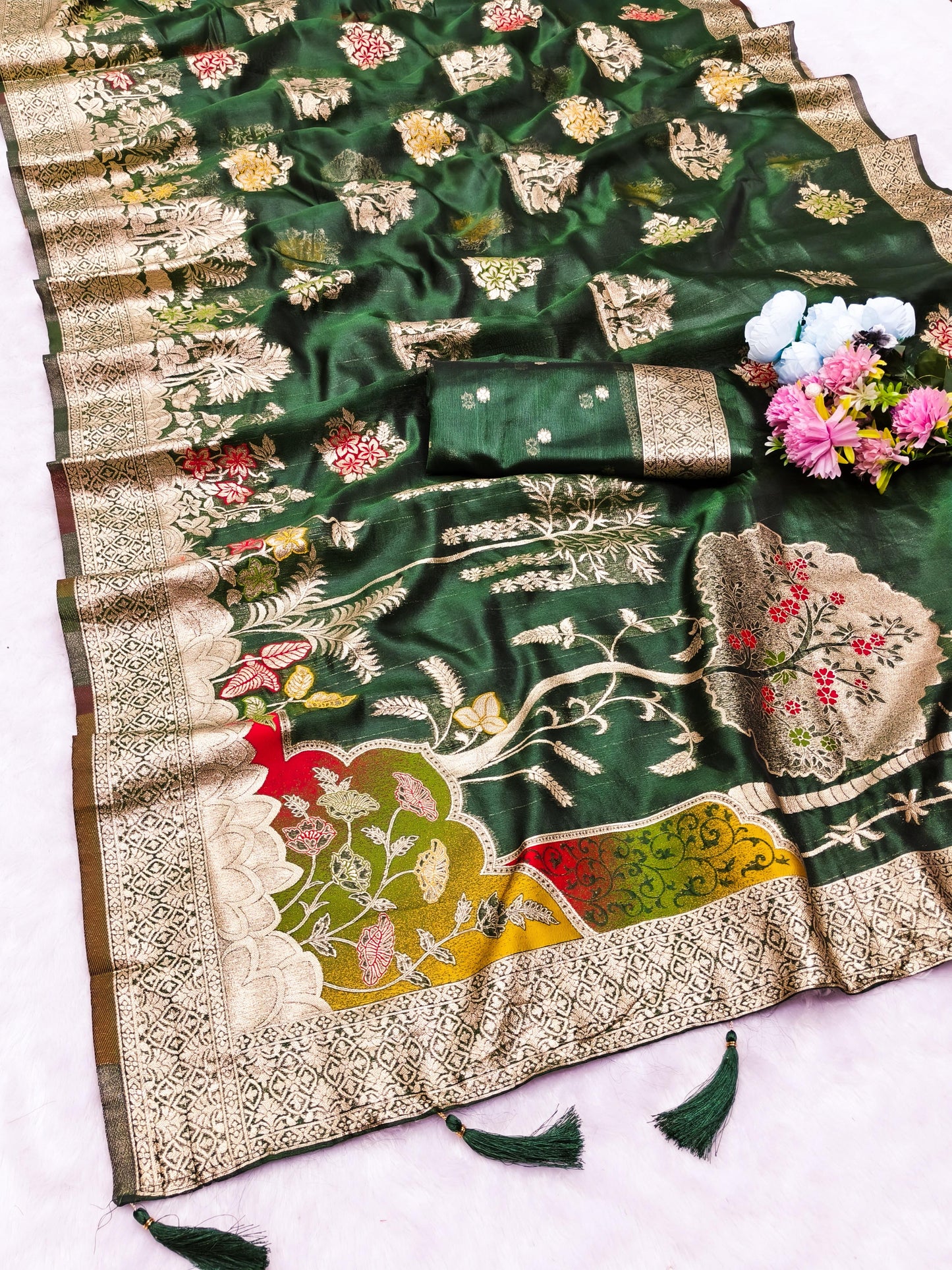 OG-ORCHID ORGANZA SILK SAREE WITH BEAUTIFUL PALLU WITH MEENAKARI WORK WITH TASSELS