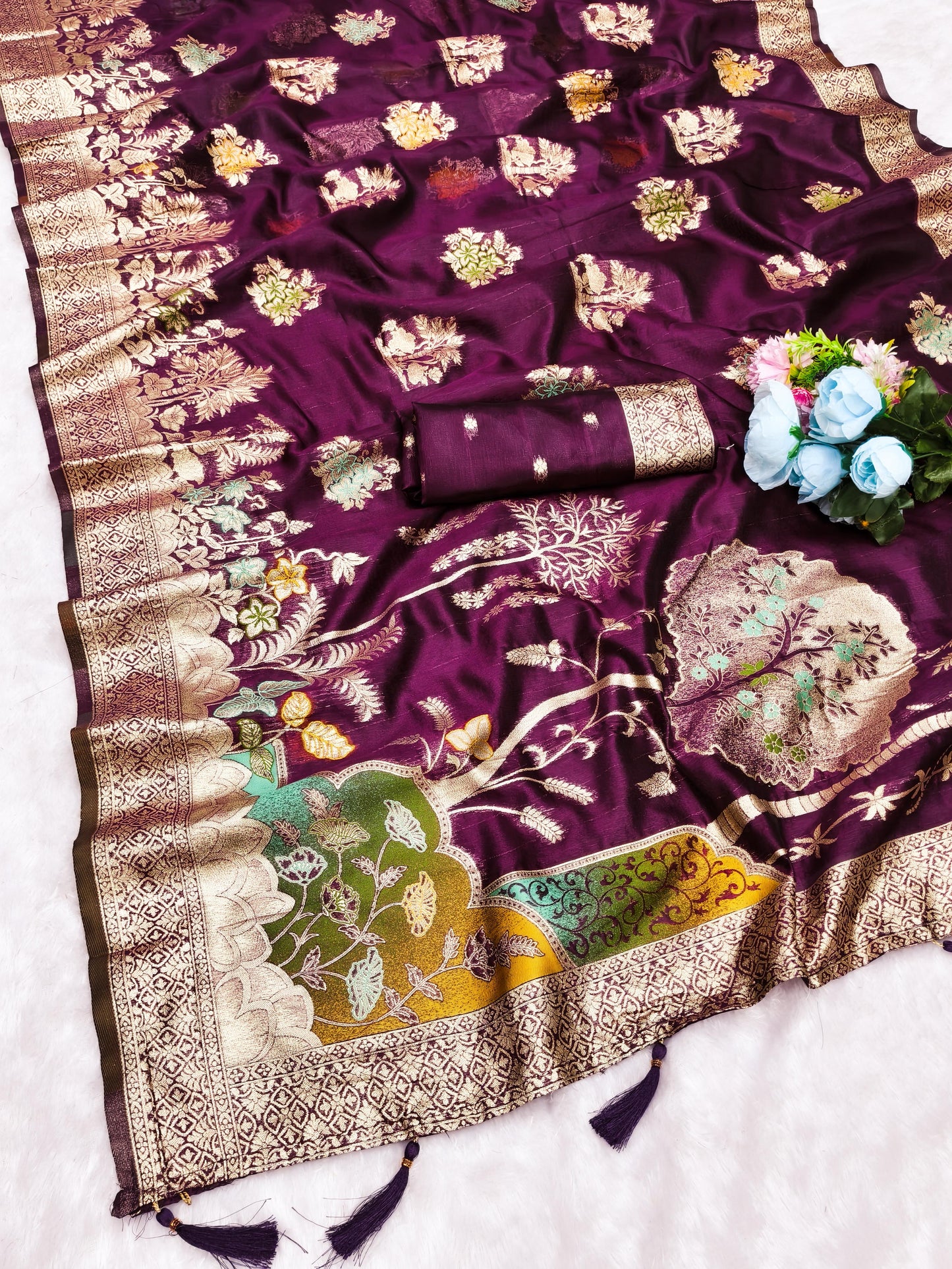 OG-ORCHID ORGANZA SILK SAREE WITH BEAUTIFUL PALLU WITH MEENAKARI WORK WITH TASSELS