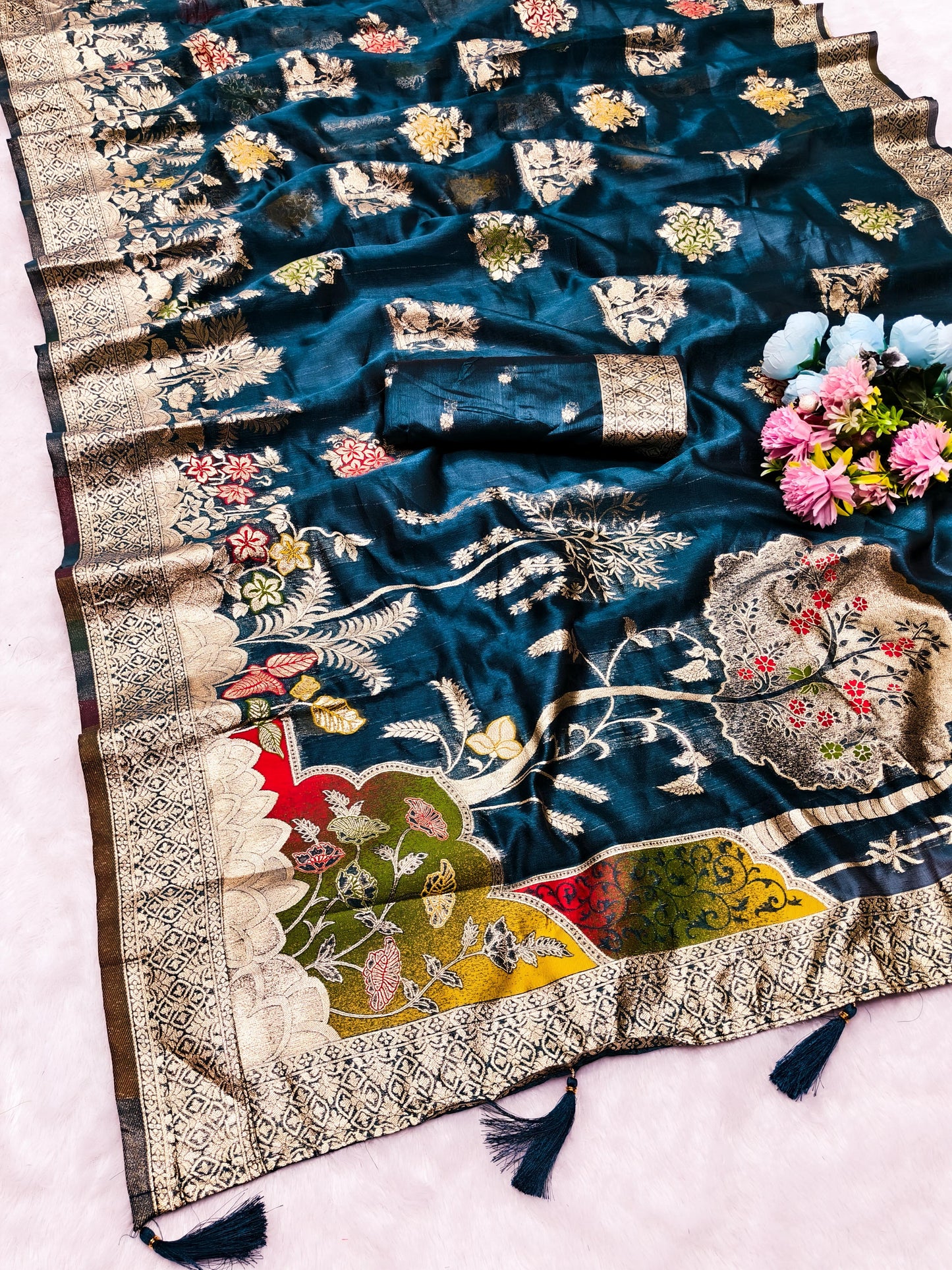 OG-ORCHID ORGANZA SILK SAREE WITH BEAUTIFUL PALLU WITH MEENAKARI WORK WITH TASSELS