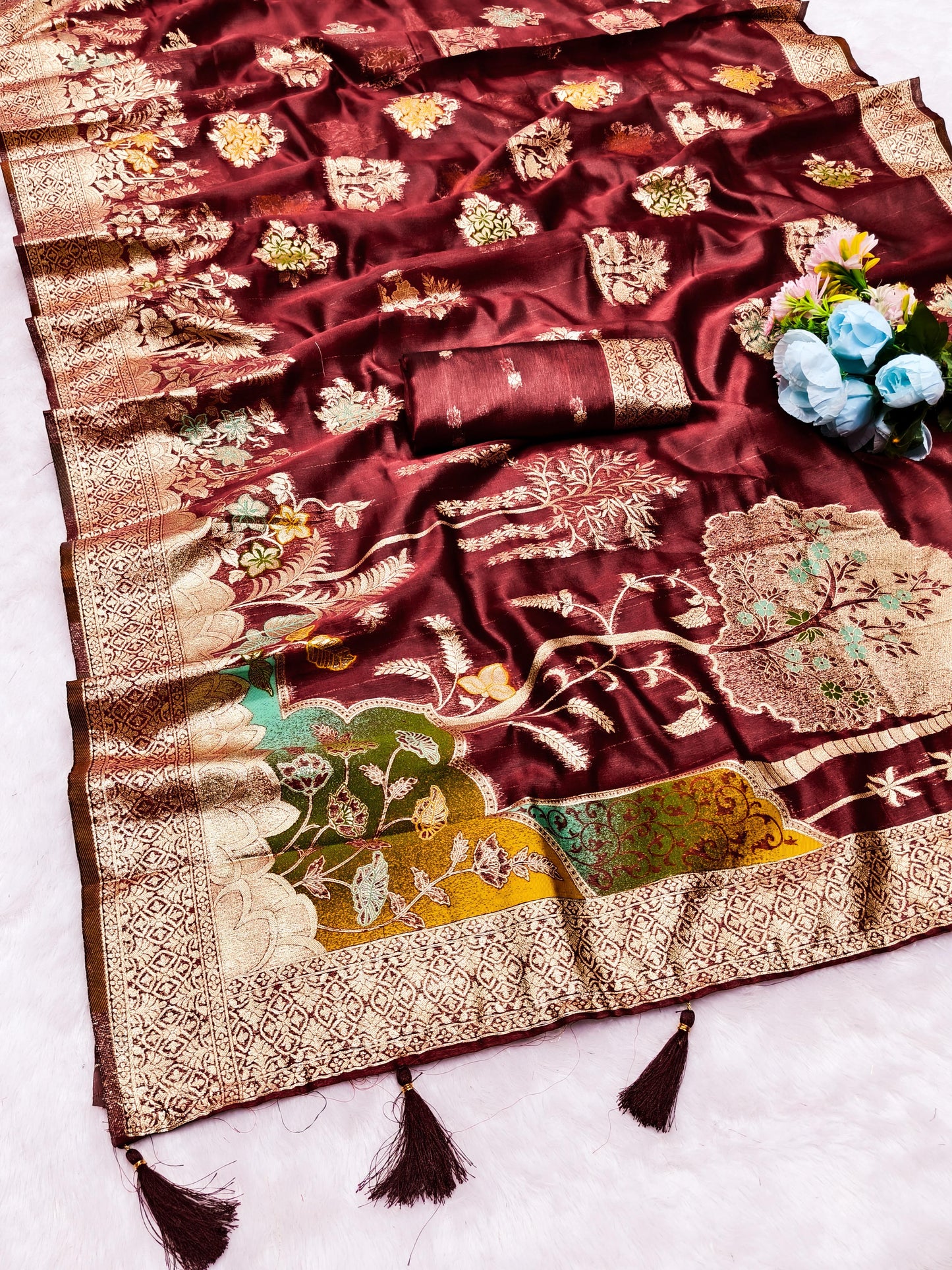 OG-ORCHID ORGANZA SILK SAREE WITH BEAUTIFUL PALLU WITH MEENAKARI WORK WITH TASSELS