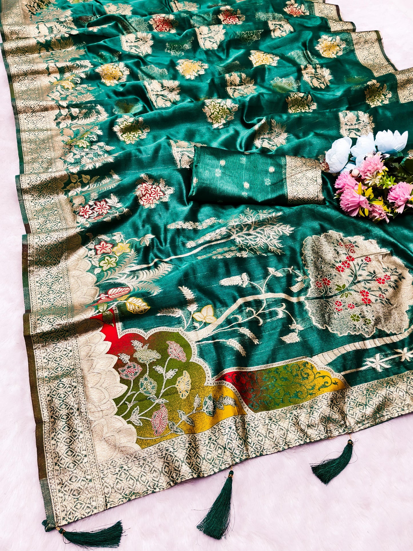 OG-ORCHID ORGANZA SILK SAREE WITH BEAUTIFUL PALLU WITH MEENAKARI WORK WITH TASSELS