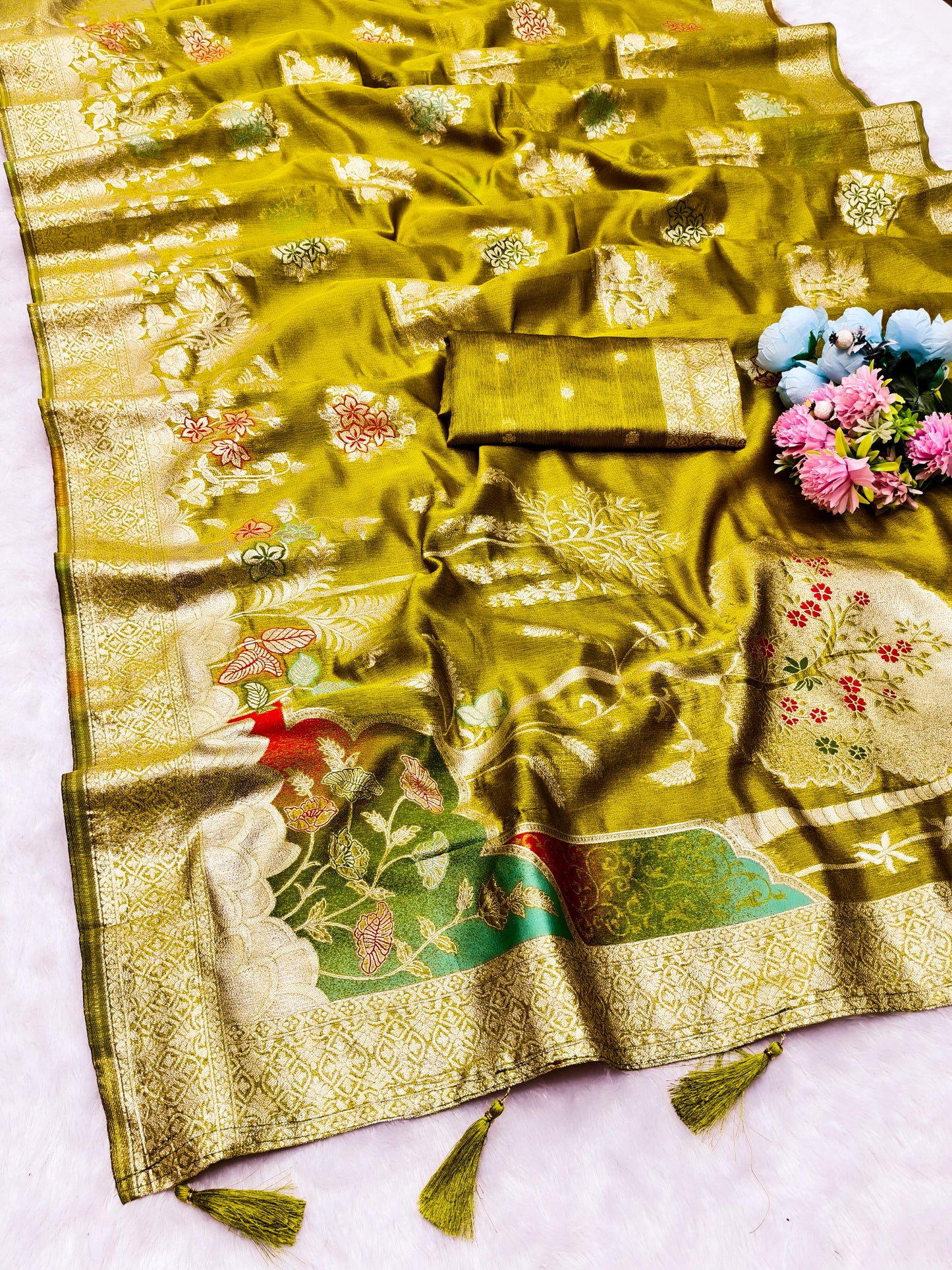 OG-ORCHID ORGANZA SILK SAREE WITH BEAUTIFUL PALLU WITH MEENAKARI WORK WITH TASSELS