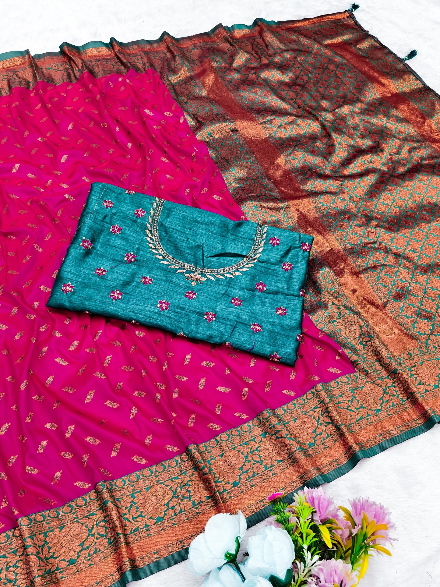AJ-SARITA-HEAVYBLOUSE PREMIUM SOFT SILK WITH BUTTI DESIGN WITH COPPER JAREE WITH HEAVY EMBORIDERY BLOUSE