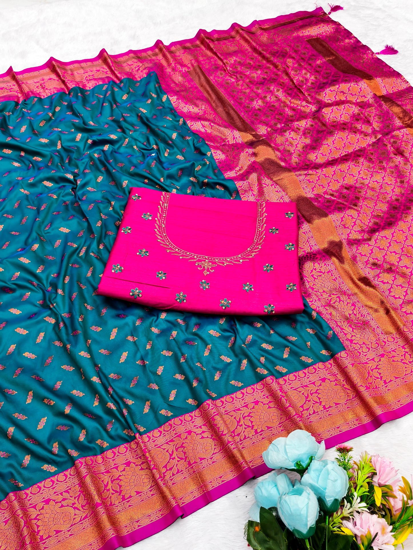AJ-SARITA-HEAVYBLOUSE PREMIUM SOFT SILK WITH BUTTI DESIGN WITH COPPER JAREE WITH HEAVY EMBORIDERY BLOUSE