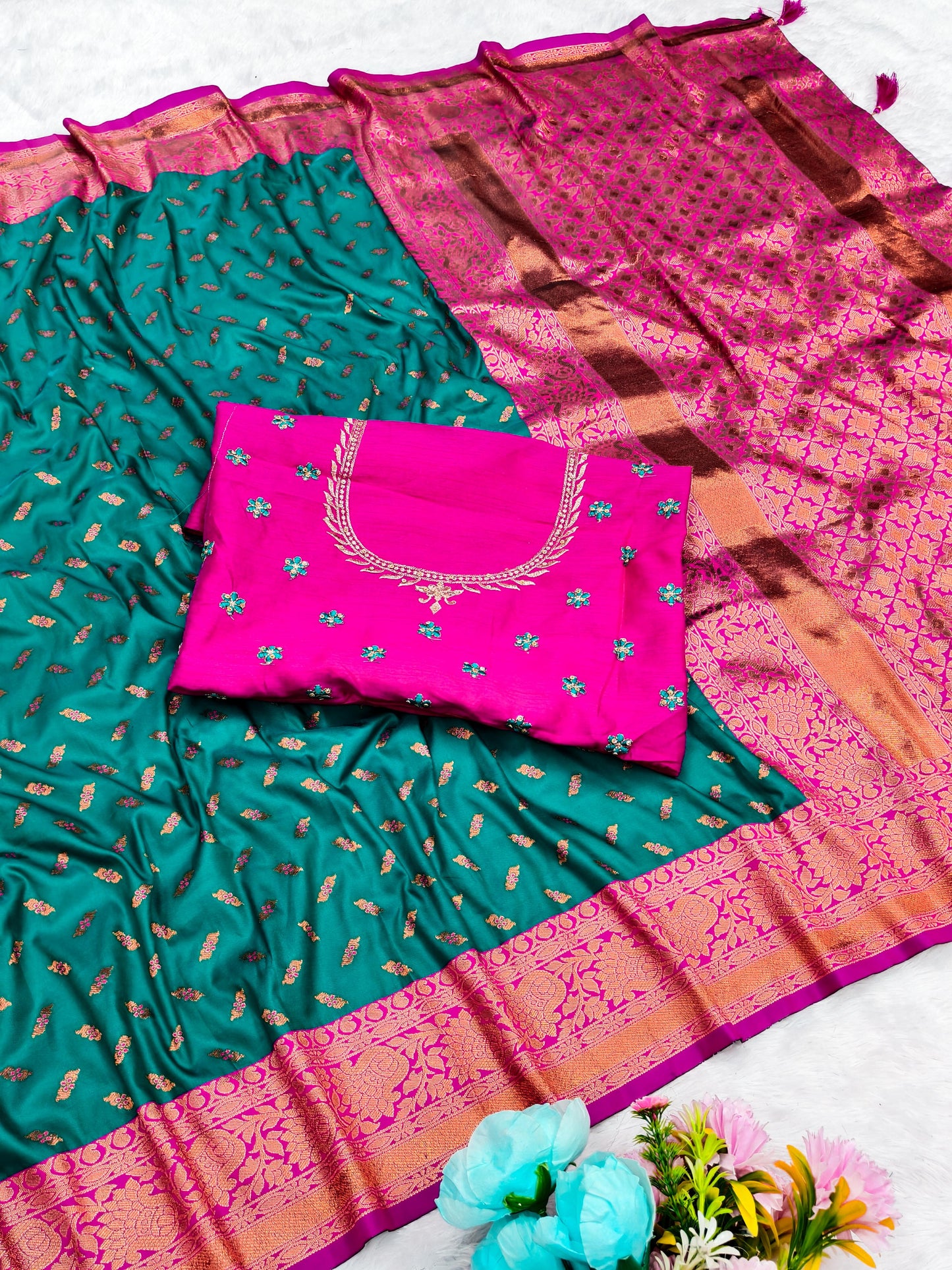 AJ-SARITA-HEAVYBLOUSE PREMIUM SOFT SILK WITH BUTTI DESIGN WITH COPPER JAREE WITH HEAVY EMBORIDERY BLOUSE