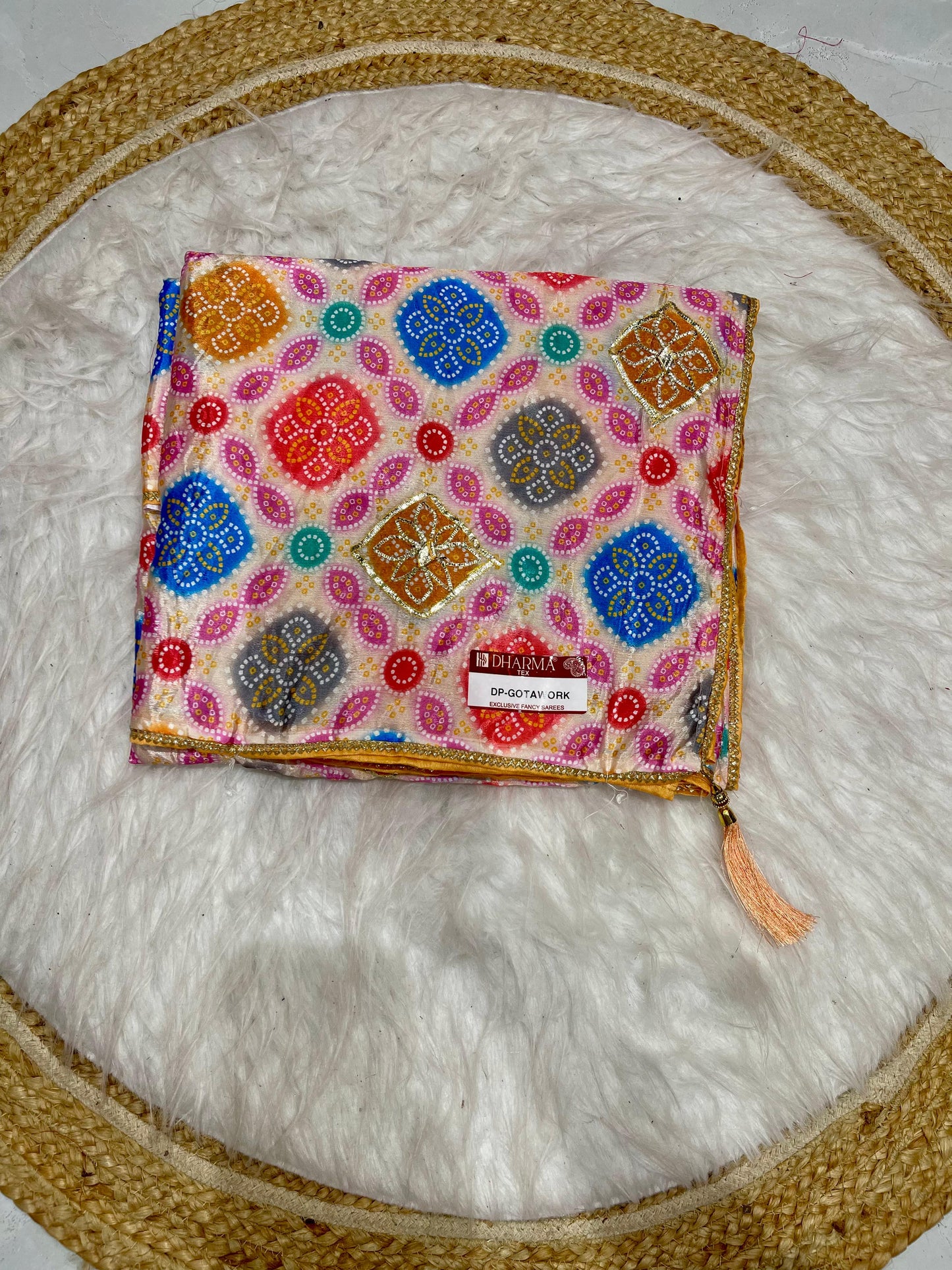 DP-GOTA-WORK PREMIUM CHINON BANDANI SAREE WITH GOTA PATI WORK ALL OVER WITH CONTRAST BLOUSE