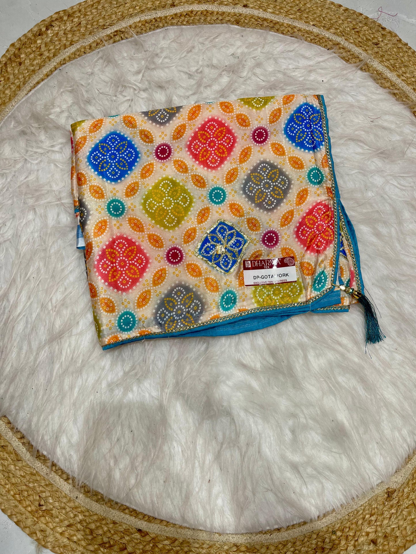 DP-GOTA-WORK PREMIUM CHINON BANDANI SAREE WITH GOTA PATI WORK ALL OVER WITH CONTRAST BLOUSE