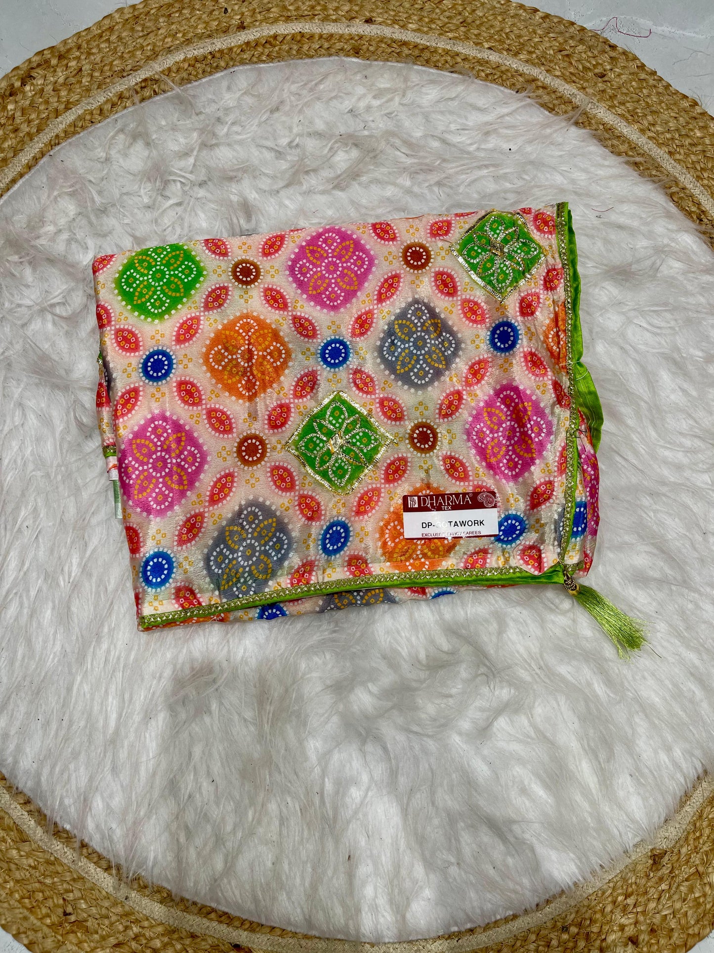 DP-GOTA-WORK PREMIUM CHINON BANDANI SAREE WITH GOTA PATI WORK ALL OVER WITH CONTRAST BLOUSE