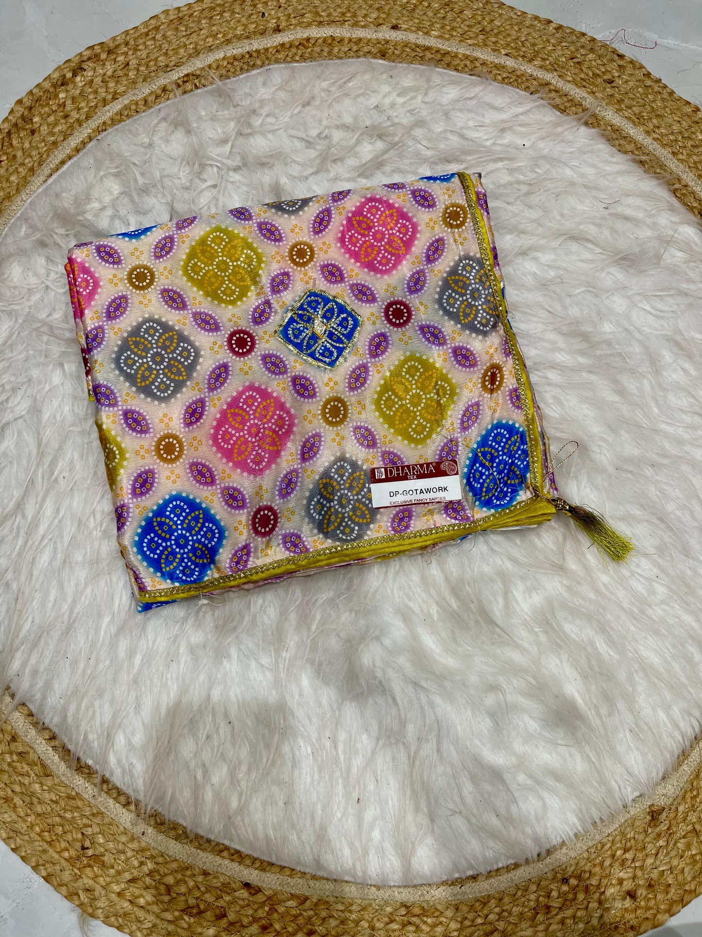 DP-GOTA-WORK PREMIUM CHINON BANDANI SAREE WITH GOTA PATI WORK ALL OVER WITH CONTRAST BLOUSE