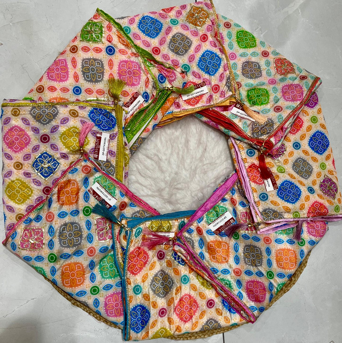 DP-GOTA-WORK PREMIUM CHINON BANDANI SAREE WITH GOTA PATI WORK ALL OVER WITH CONTRAST BLOUSE