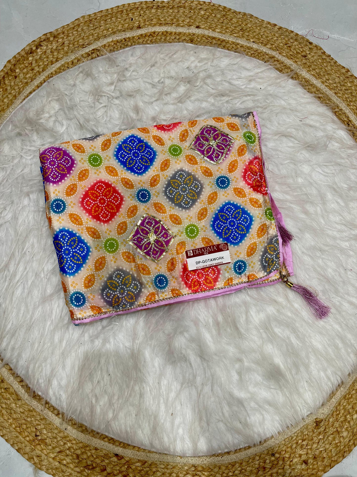 DP-GOTA-WORK PREMIUM CHINON BANDANI SAREE WITH GOTA PATI WORK ALL OVER WITH CONTRAST BLOUSE