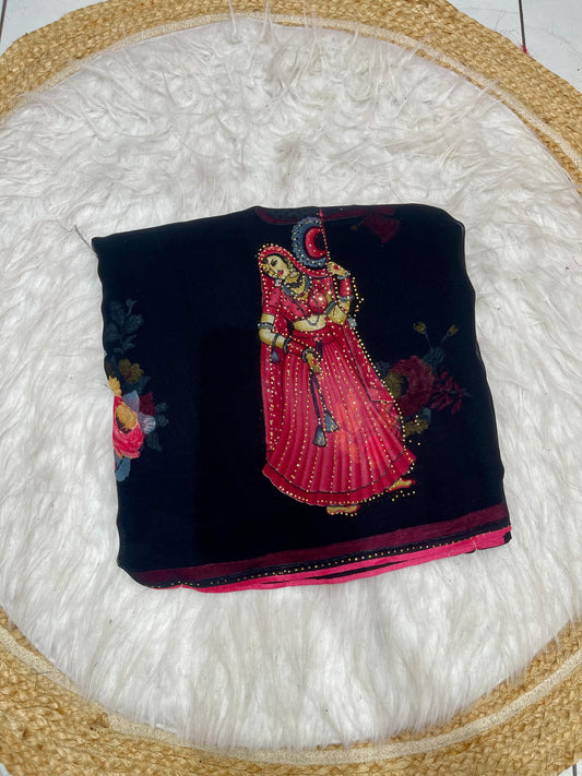 PRINT-BAHU WEIGHTLESS SAREE WITH VIRAL PRINT WITH DMC WORK AND PIPING BORDER