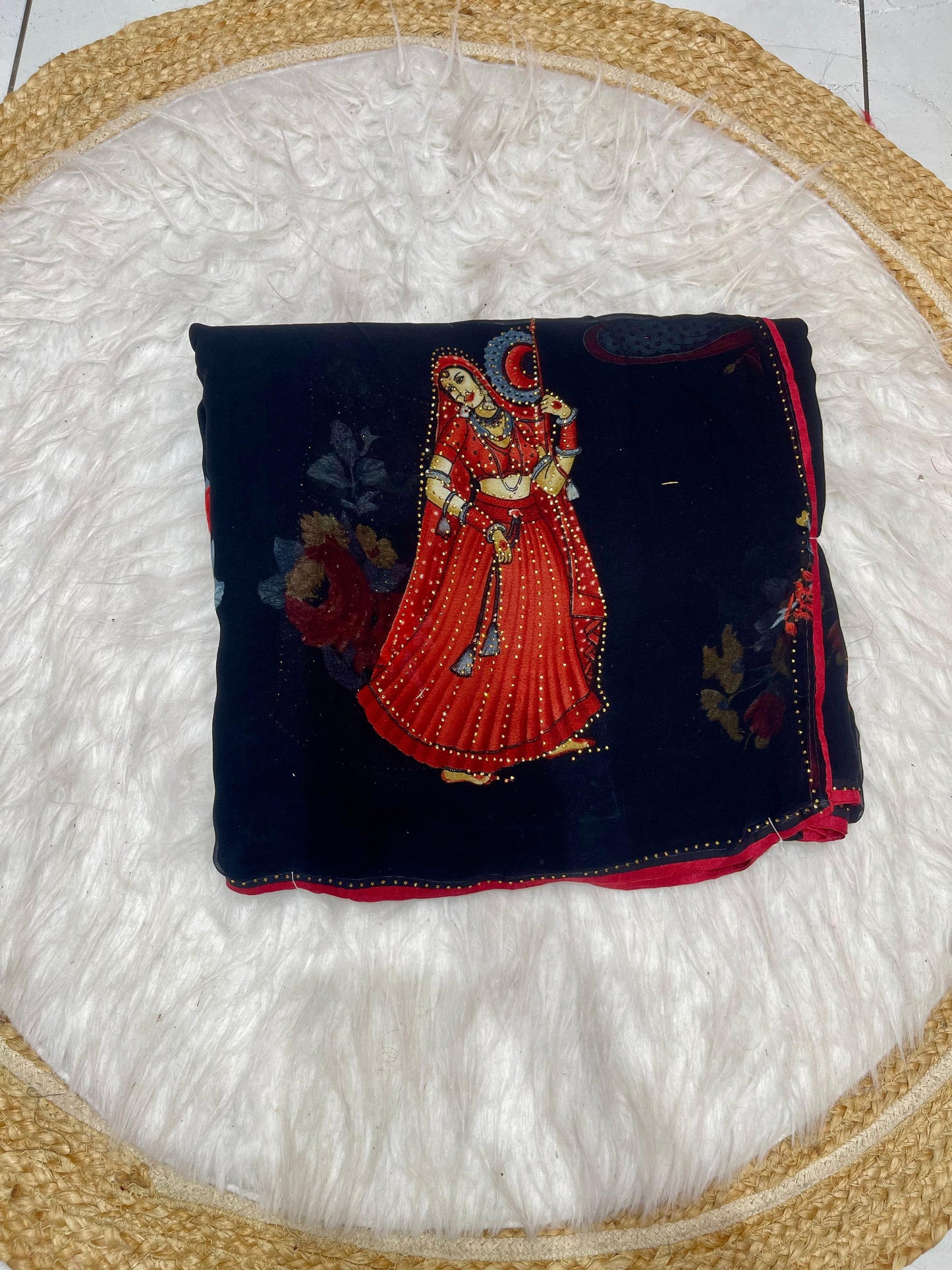 PRINT-BAHU WEIGHTLESS SAREE WITH VIRAL PRINT WITH DMC WORK AND PIPING BORDER