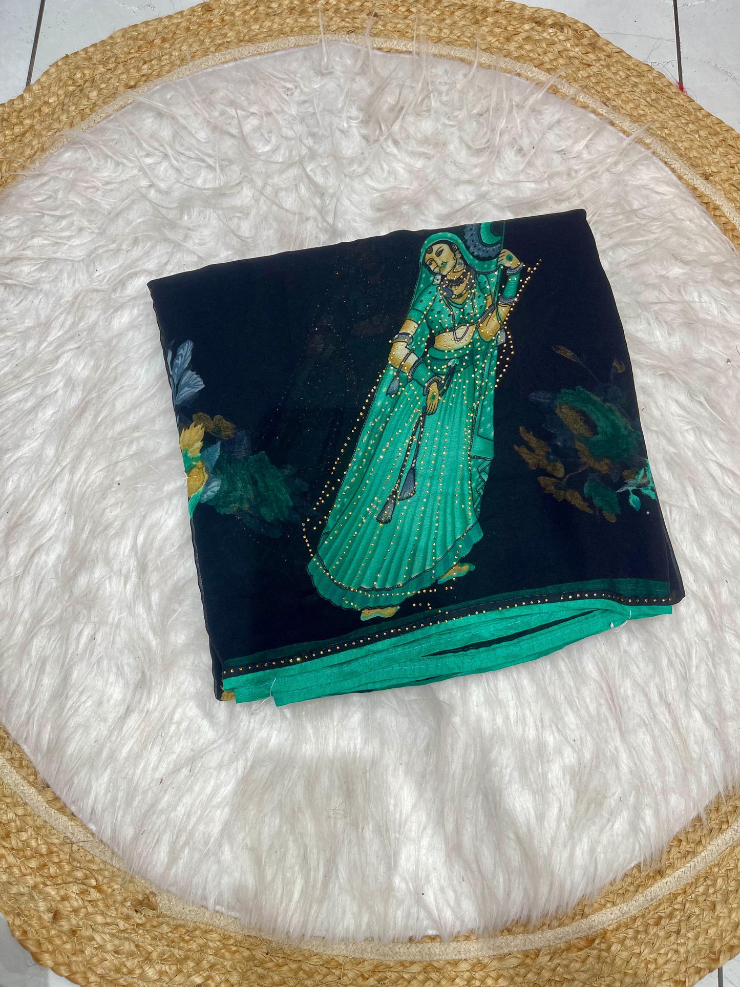 PRINT-BAHU WEIGHTLESS SAREE WITH VIRAL PRINT WITH DMC WORK AND PIPING BORDER