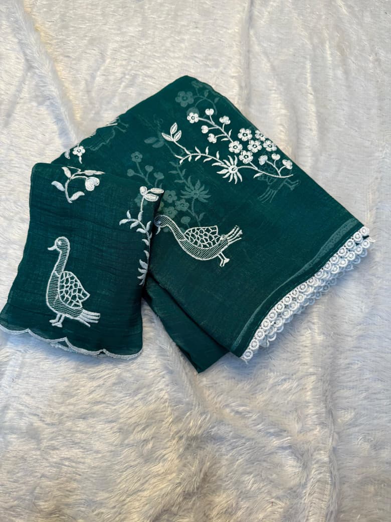 NN-2037 Crunchy chiffon fabric with white figured embroidary work allover saree with beautiful