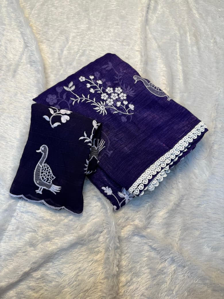NN-2037 Crunchy chiffon fabric with white figured embroidary work allover saree with beautiful