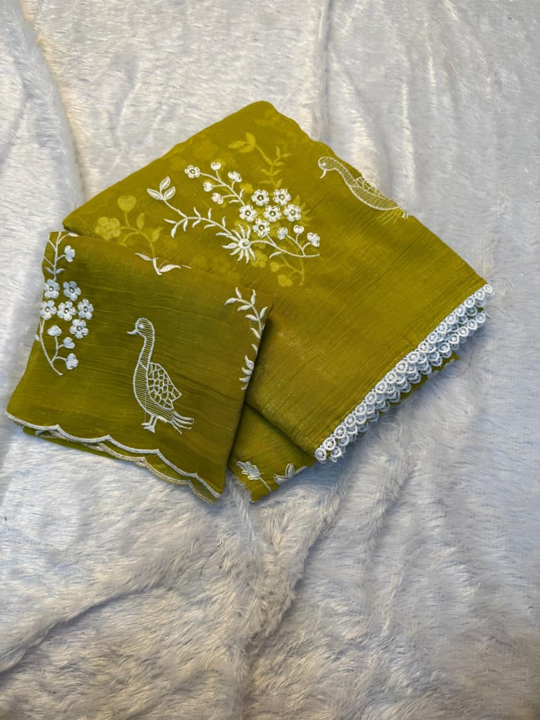 NN-2037 Crunchy chiffon fabric with white figured embroidary work allover saree with beautiful