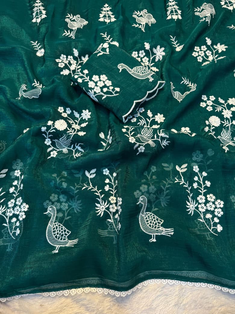NN-2037 Crunchy chiffon fabric with white figured embroidary work allover saree with beautiful