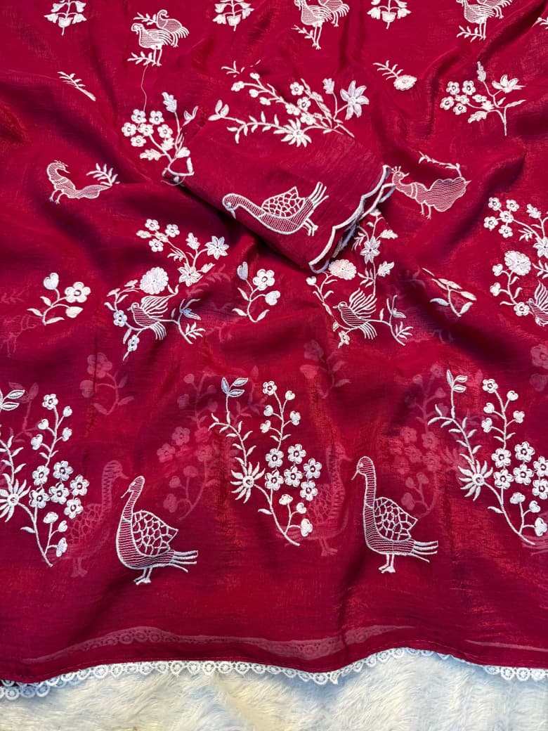 NN-2037 Crunchy chiffon fabric with white figured embroidary work allover saree with beautiful
