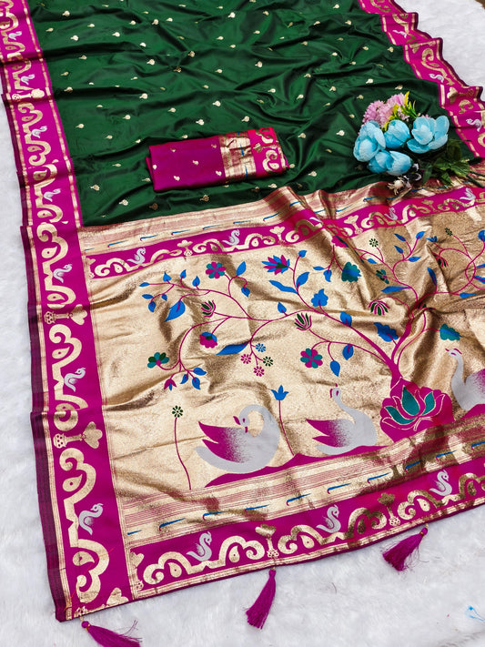 AJ-RAJHANS-PAITHANI PREMIUM SOFT PAITHANI SILK WITH RICH SWAN PALLU WITH RICH BORDER WITH BUTTI BARCODE BLOUSE