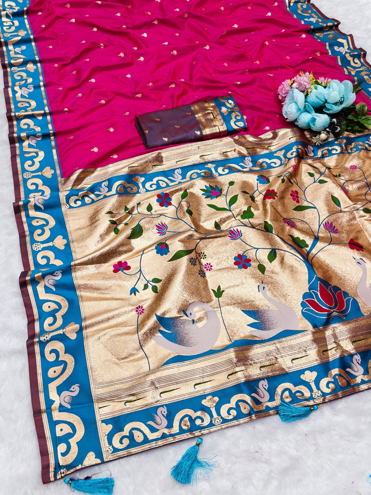 AJ-RAJHANS-PAITHANI PREMIUM SOFT PAITHANI SILK WITH RICH SWAN PALLU WITH RICH BORDER WITH BUTTI BARCODE BLOUSE