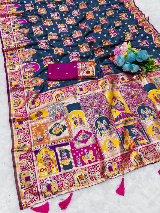 AJ-POSITION-BHARAT SOFT SILK SAREE WITH POSITION PRINT STYLE WEAVING DESIGN HEAVY WORK WITH RICH PALLU WITH TASSELS