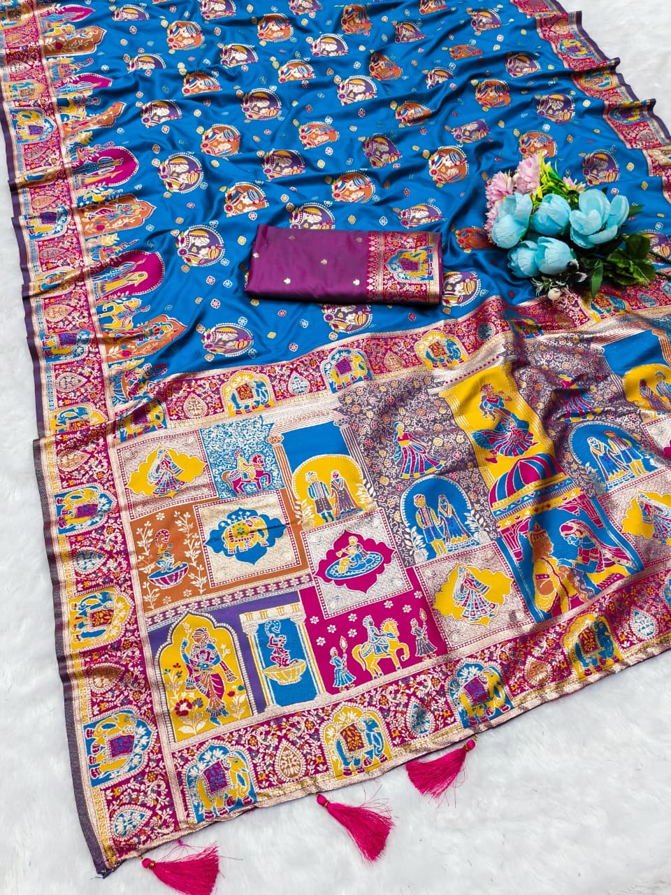 AJ-POSITION-BHARAT SOFT SILK SAREE WITH POSITION PRINT STYLE WEAVING DESIGN HEAVY WORK WITH RICH PALLU WITH TASSELS