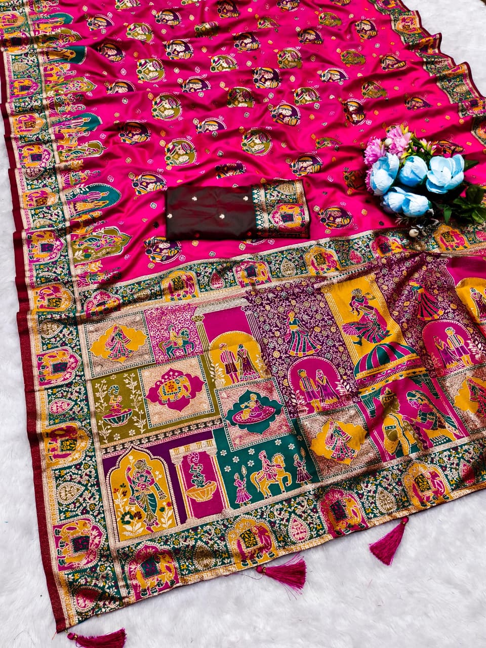 AJ-POSITION-BHARAT SOFT SILK SAREE WITH POSITION PRINT STYLE WEAVING DESIGN HEAVY WORK WITH RICH PALLU WITH TASSELS