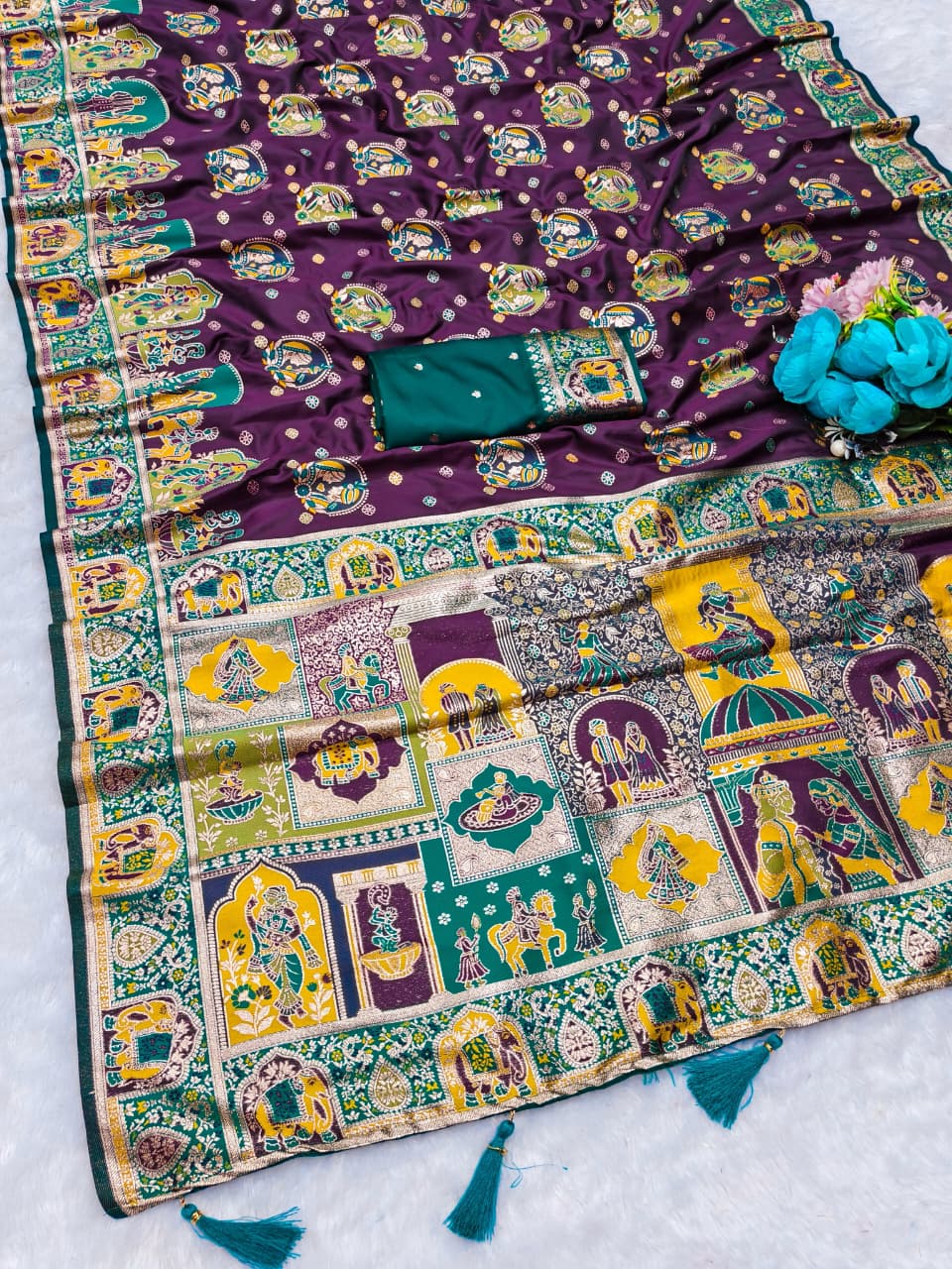 AJ-POSITION-BHARAT SOFT SILK SAREE WITH POSITION PRINT STYLE WEAVING DESIGN HEAVY WORK WITH RICH PALLU WITH TASSELS