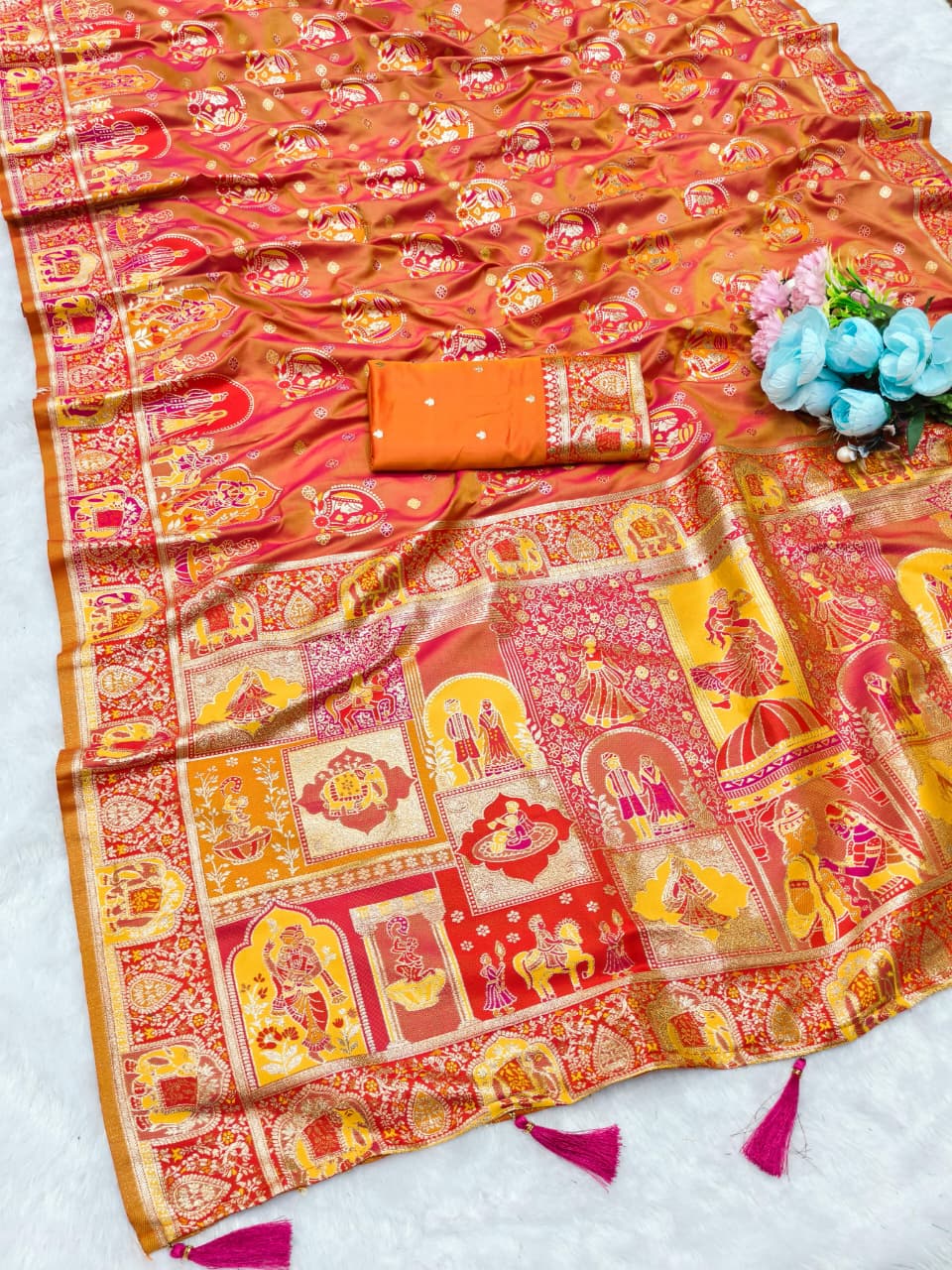 AJ-POSITION-BHARAT SOFT SILK SAREE WITH POSITION PRINT STYLE WEAVING DESIGN HEAVY WORK WITH RICH PALLU WITH TASSELS