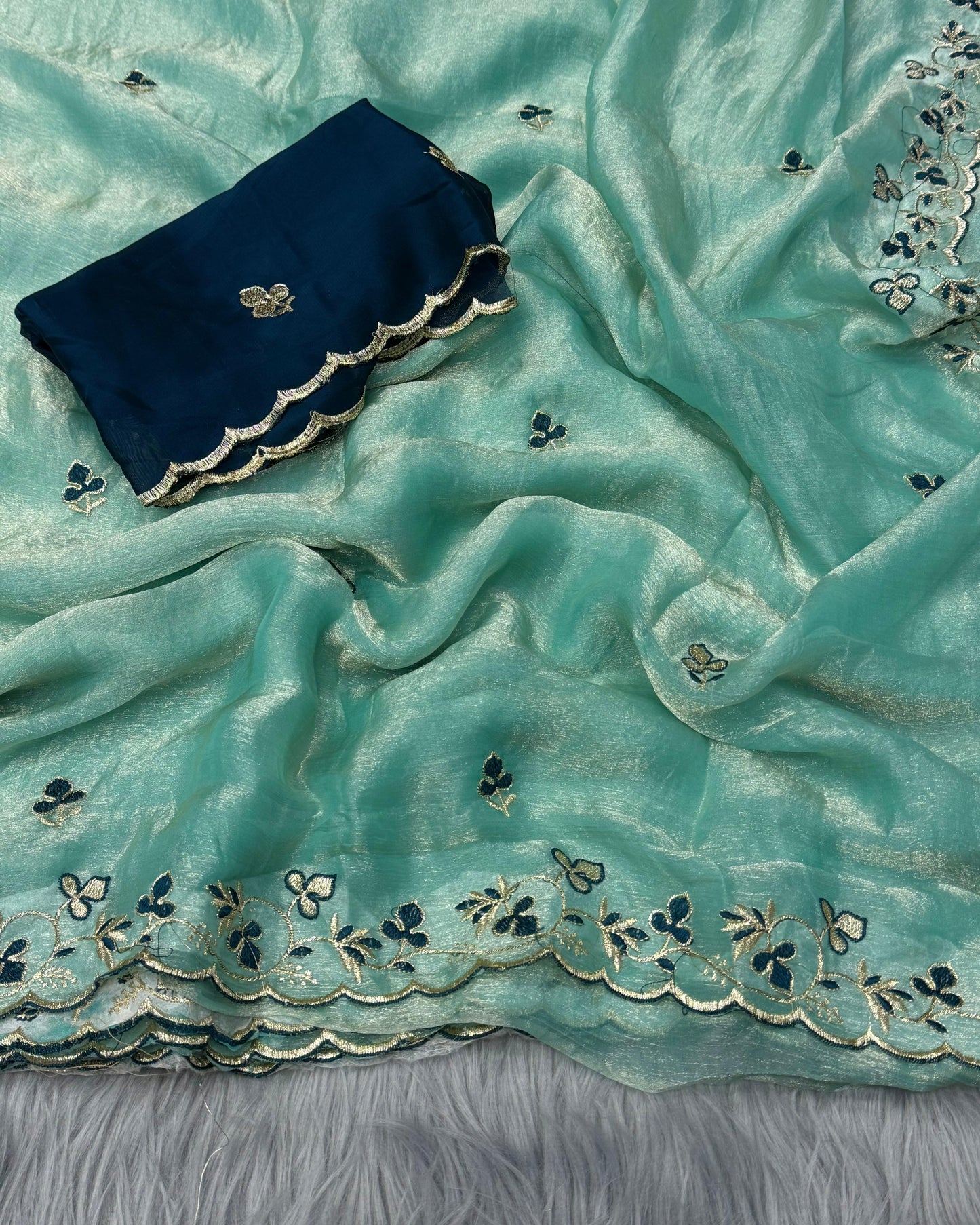 NN-2038 Space silk fabric with C-pallu embroidary work with Rangoli blooming fabric with with work blouse