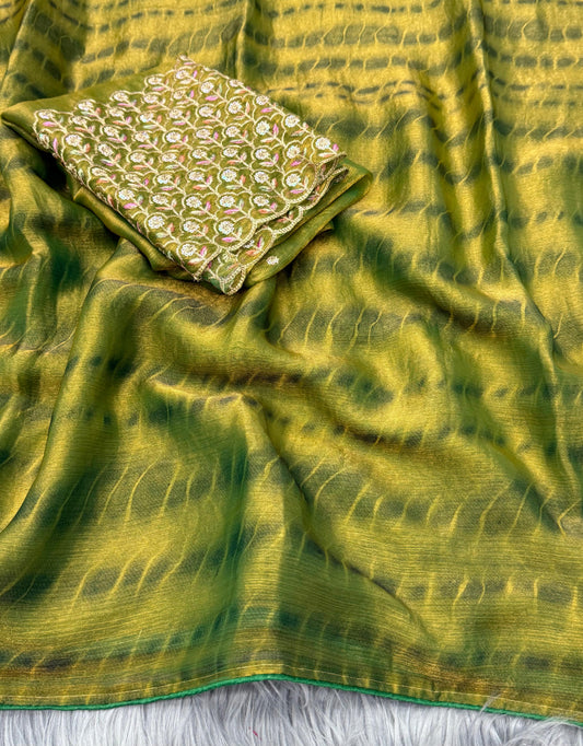 NN-2042 Space silk fabric with zebra pattern tie & die with pipping border and tassles with Heavy sequence work blouse