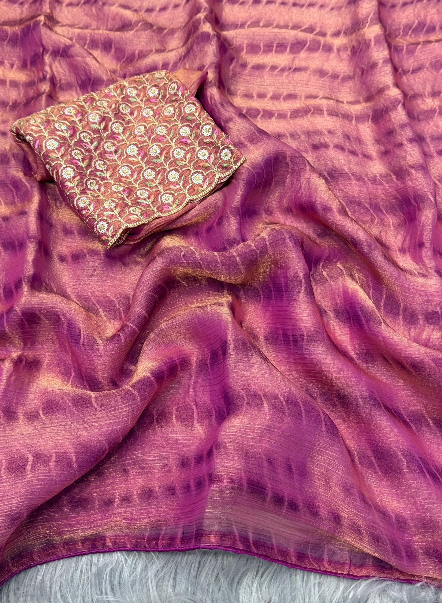 NN-2042 Space silk fabric with zebra pattern tie & die with pipping border and tassles with Heavy sequence work blouse