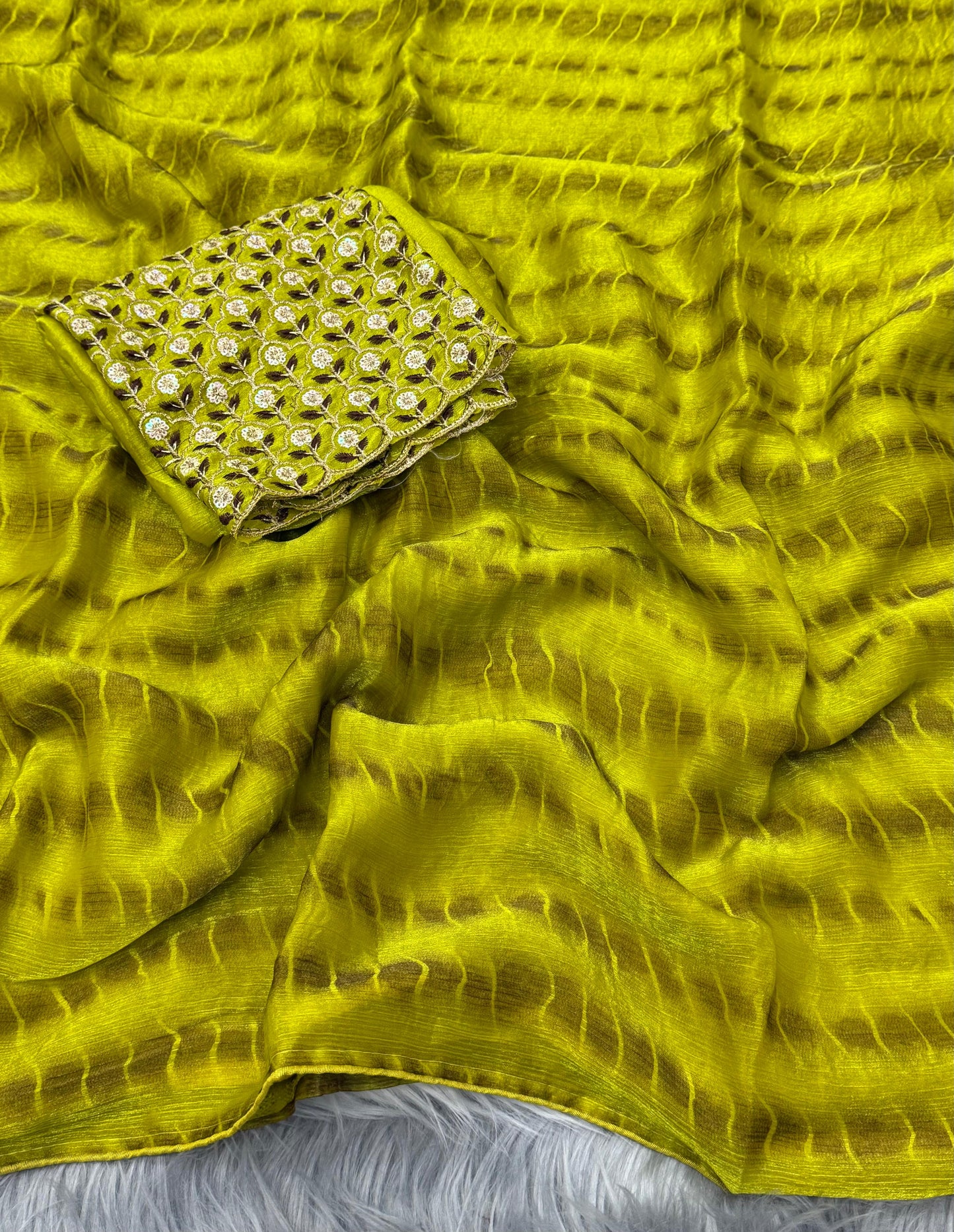 NN-2042 Space silk fabric with zebra pattern tie & die with pipping border and tassles with Heavy sequence work blouse