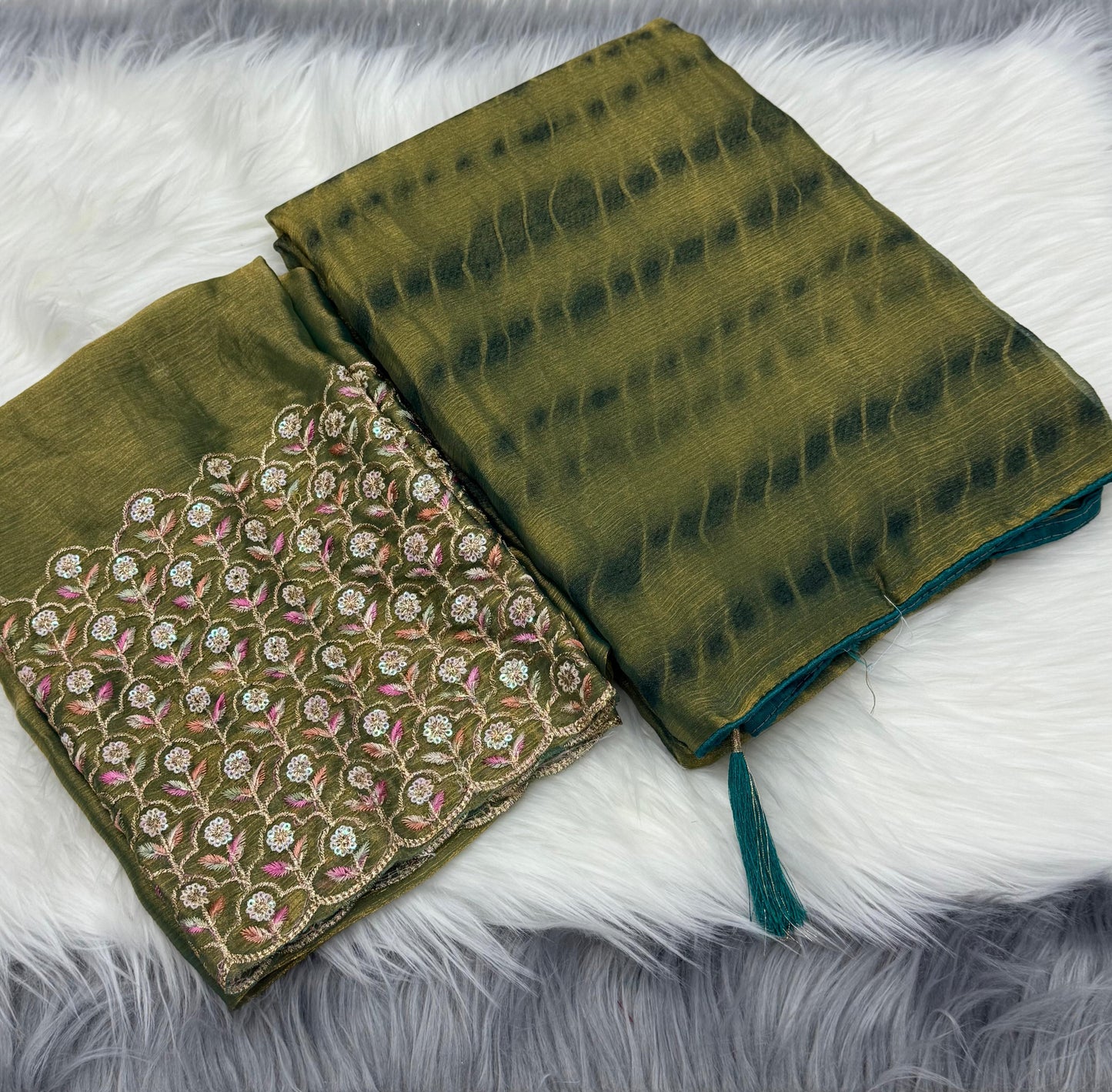 NN-2042 Space silk fabric with zebra pattern tie & die with pipping border and tassles with Heavy sequence work blouse