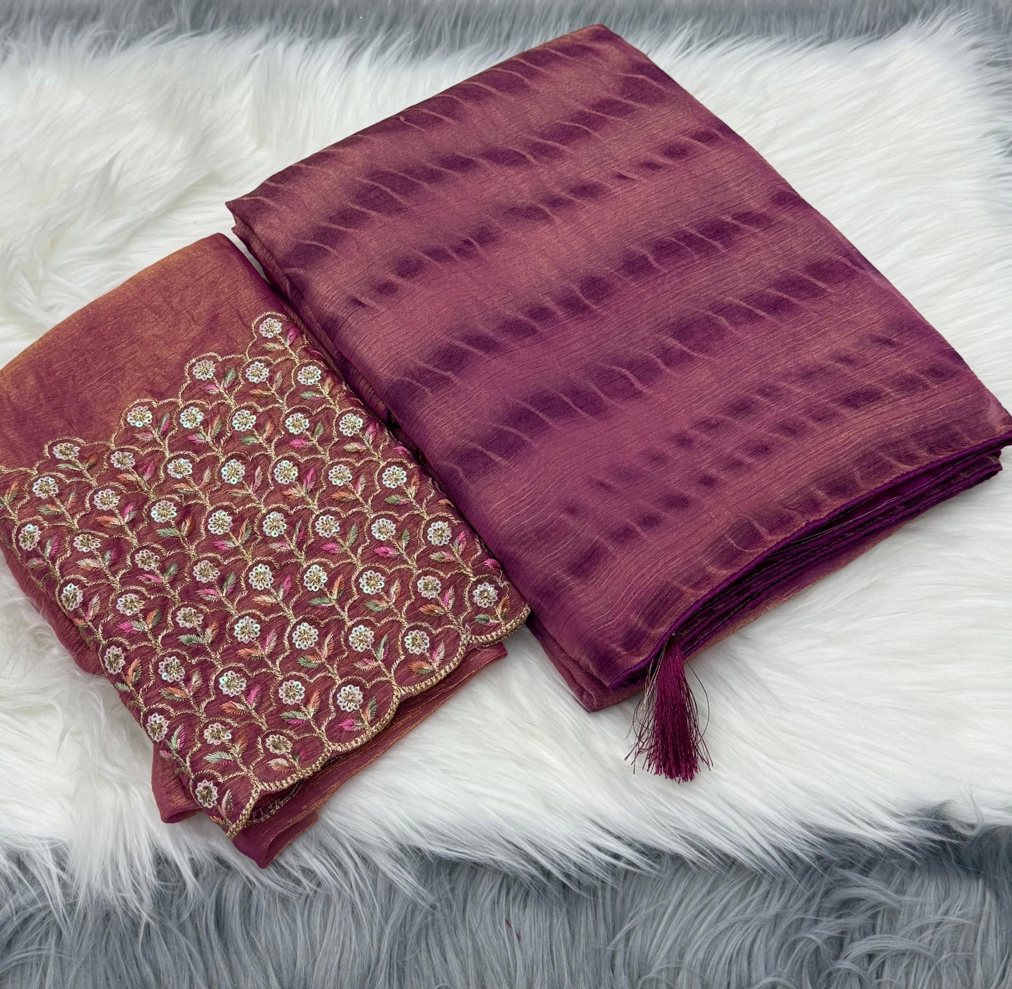 NN-2042 Space silk fabric with zebra pattern tie & die with pipping border and tassles with Heavy sequence work blouse